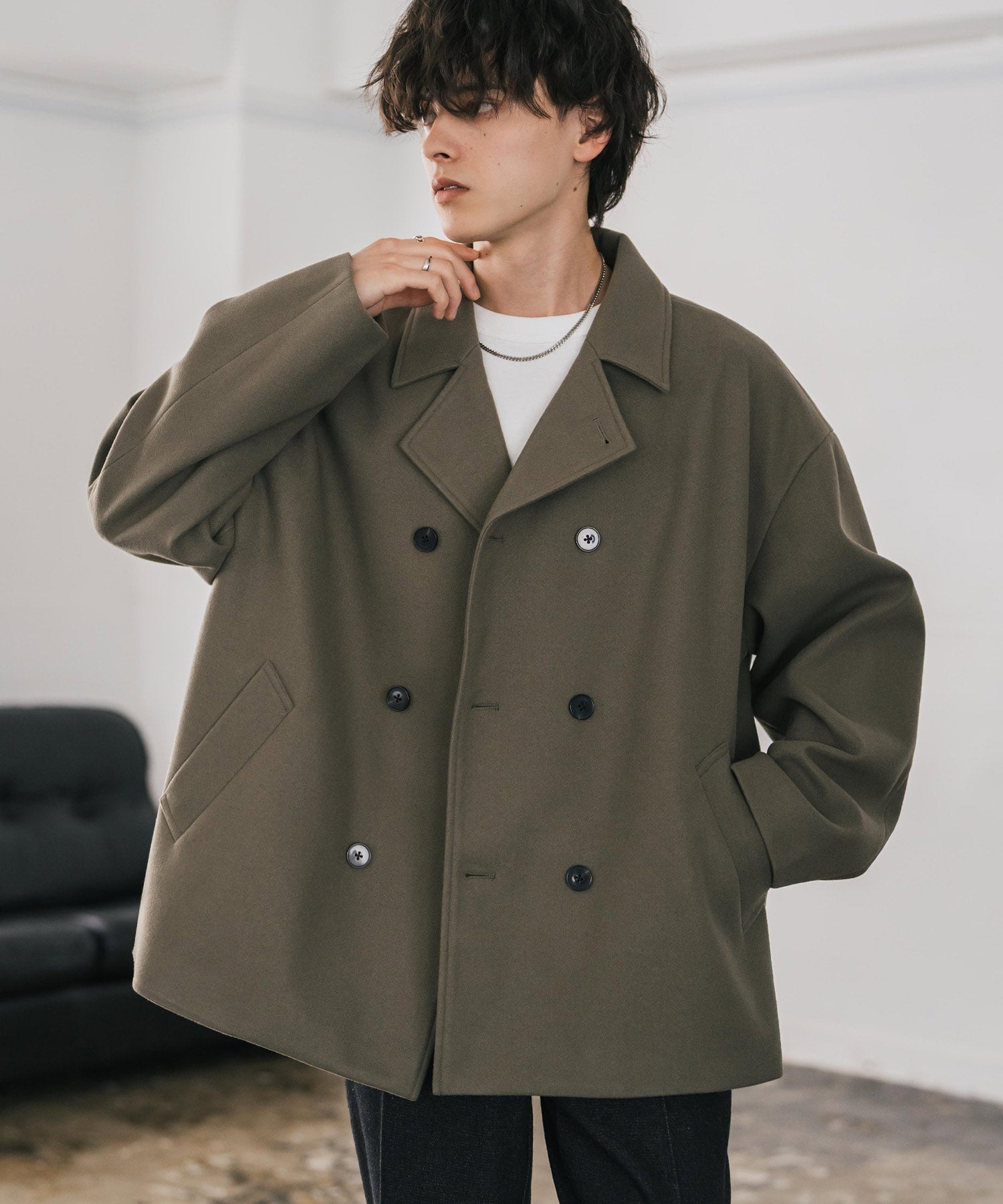 ロッキーモンロー Rocky Monroe Pコート ショート丈 ダブルブレスト メンズ レディース 新色追加 アウター ジャケット ピーコート テックメルトン オーバーサイズ ゆったり 14613 （グレージュ） グレージュ