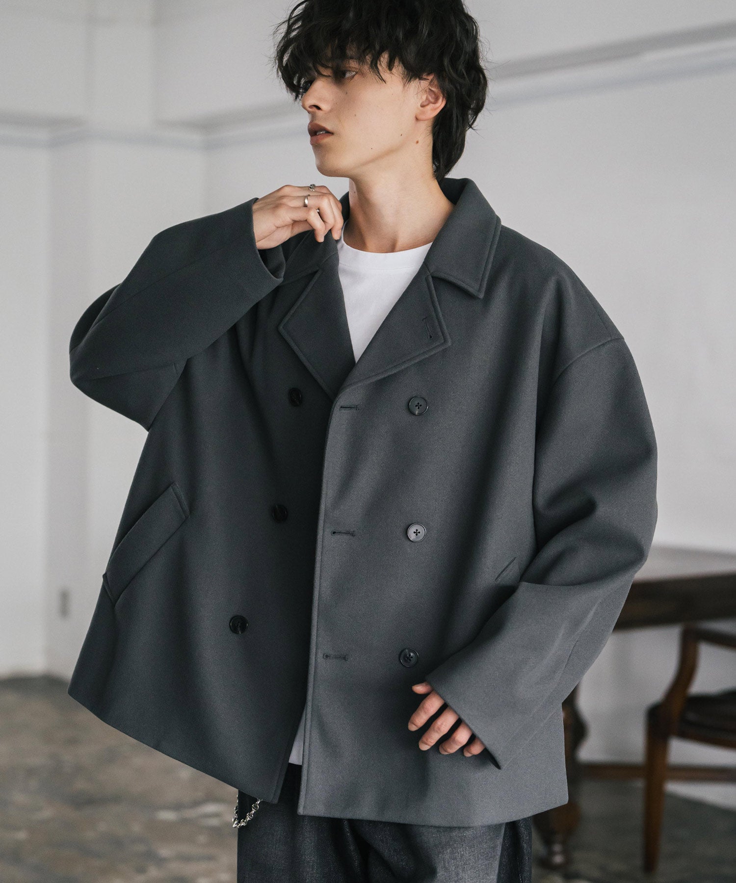 ロッキーモンロー Rocky Monroe Pコート ショート丈 ダブルブレスト メンズ レディース 新色追加 アウター ジャケット ピーコート テックメルトン オーバーサイズ ゆったり 14613 （チャコール） チャコール