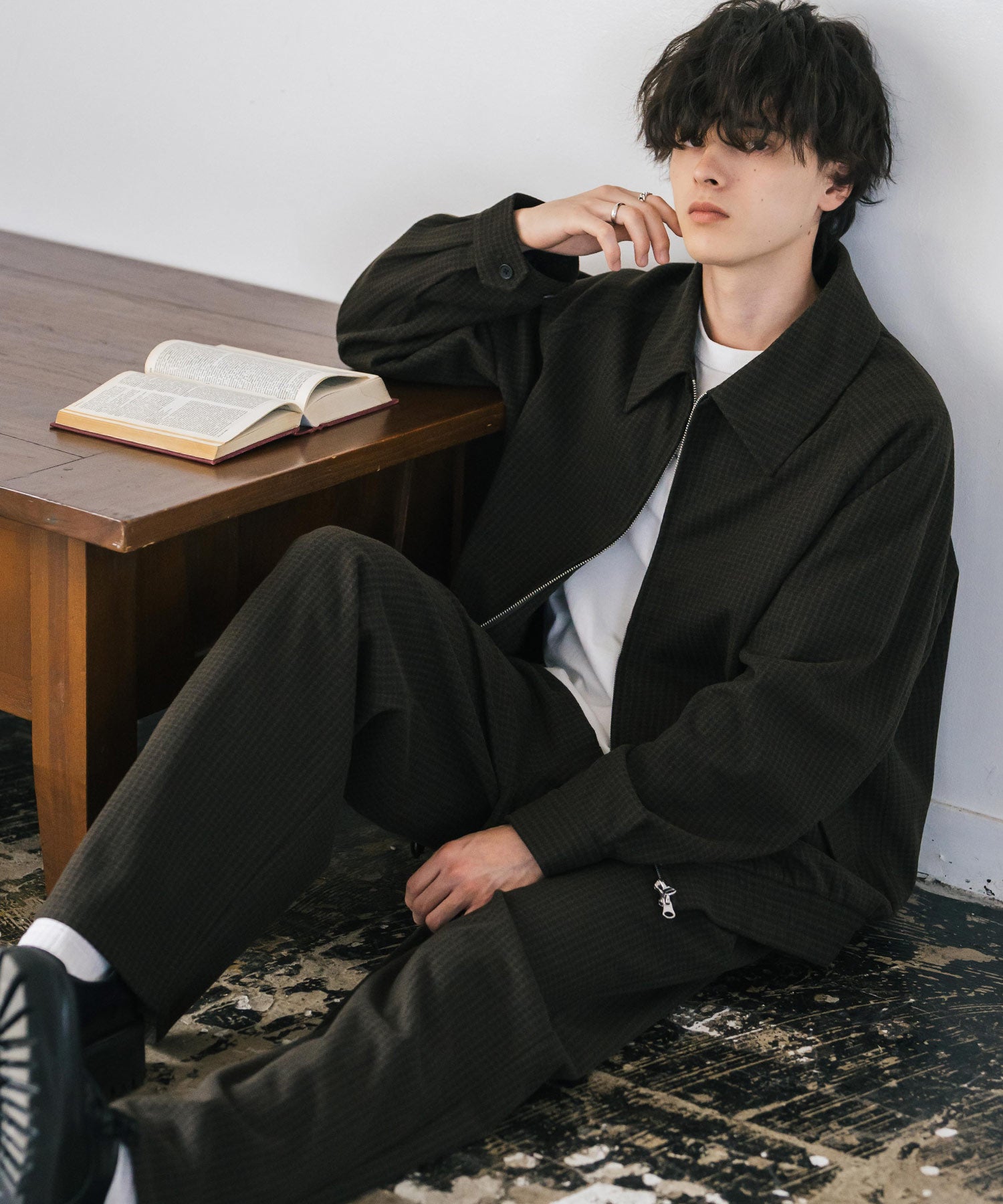 ロッキーモンロー Rocky Monroe セットアップ テックメルトン メンズ ハリントンジャケット スウィングトップ ブルゾン ショート丈 アウター チンストラップ ワイドパンツ イージー 14614 （チェック） チェック