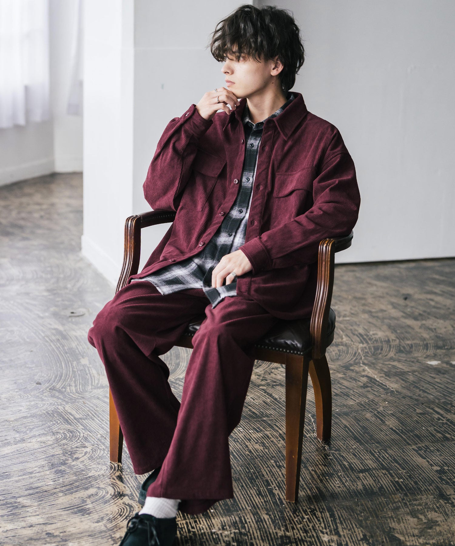 ロッキーモンロー Rocky Monroe セットアップ コーデュロイ メンズ CPOジャケット シャツアウター カバーオール ワイドパンツ イージー テーパード 上下 ライトアウター 14686 （ワイン） ワイン