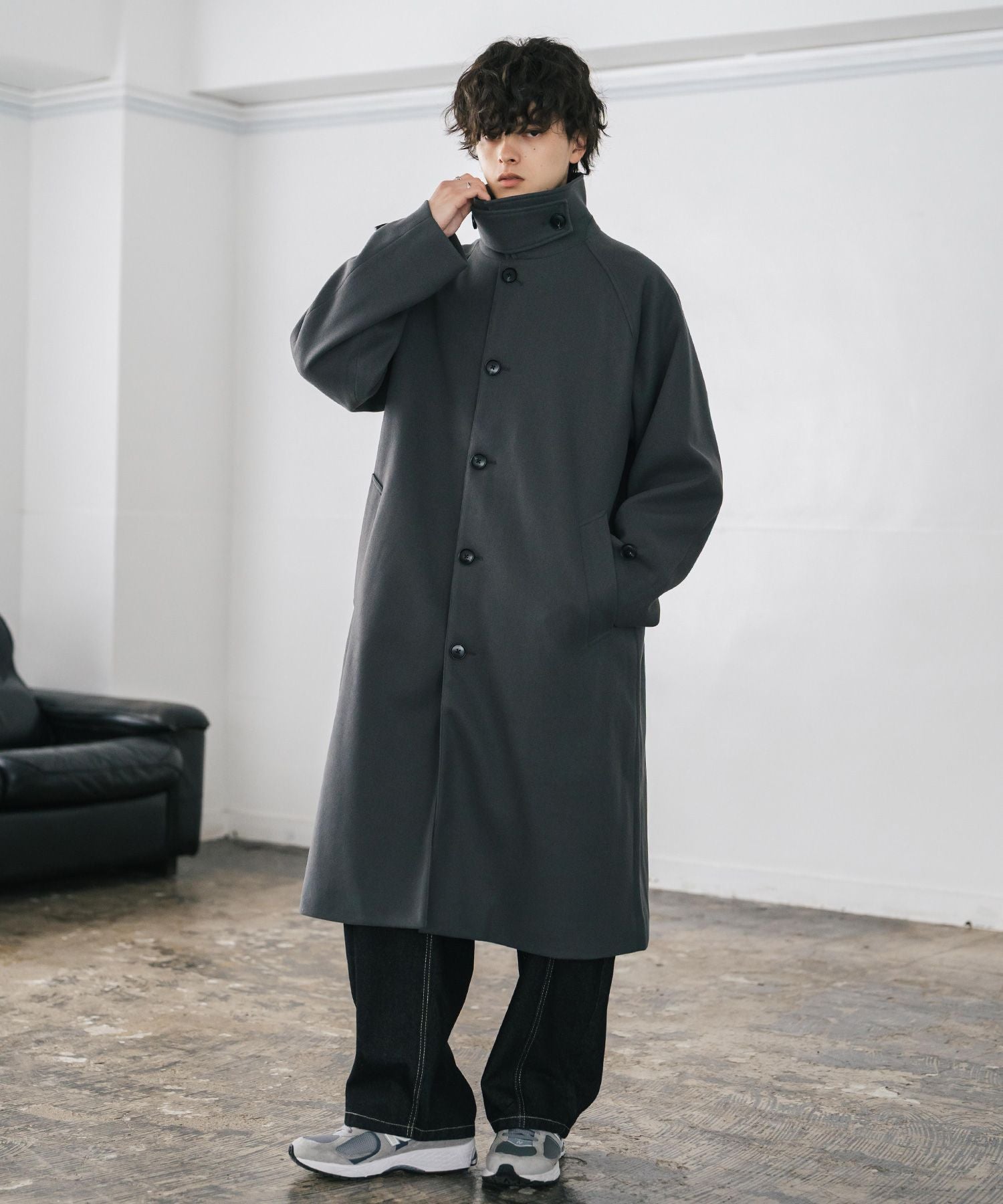 ロッキーモンロー Rocky Monroe ステンカラーコート ロング 2Way チンストラップ メンズ レディース アウター テックメルトン オーバーサイズ ラグラン 無地 チェック  14616 （グレージュ） グレージュ