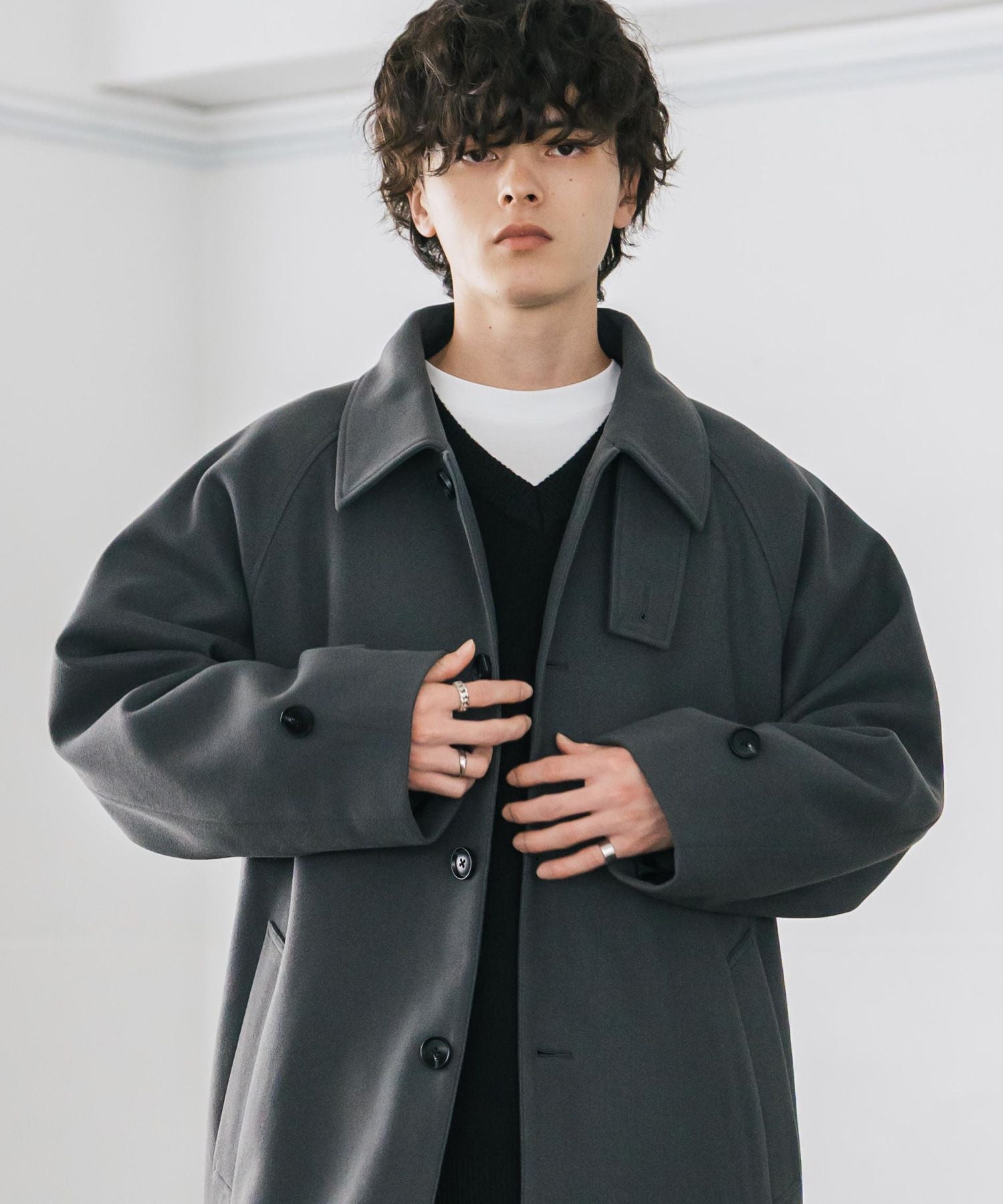 ロッキーモンロー Rocky Monroe ステンカラーコート ロング 2Way チンストラップ メンズ レディース アウター テックメルトン オーバーサイズ ラグラン 無地 チェック  14616 （グレージュ） グレージュ