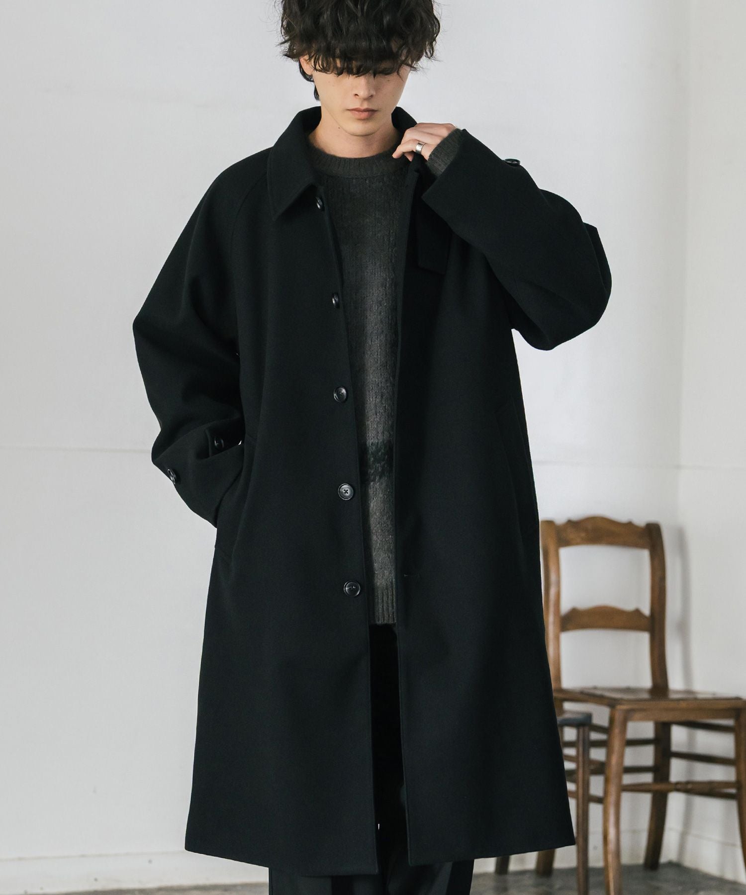 ロッキーモンロー Rocky Monroe ステンカラーコート ロング 2Way チンストラップ メンズ レディース アウター テックメルトン オーバーサイズ ラグラン 無地 チェック  14616 （ブラック） ブラック