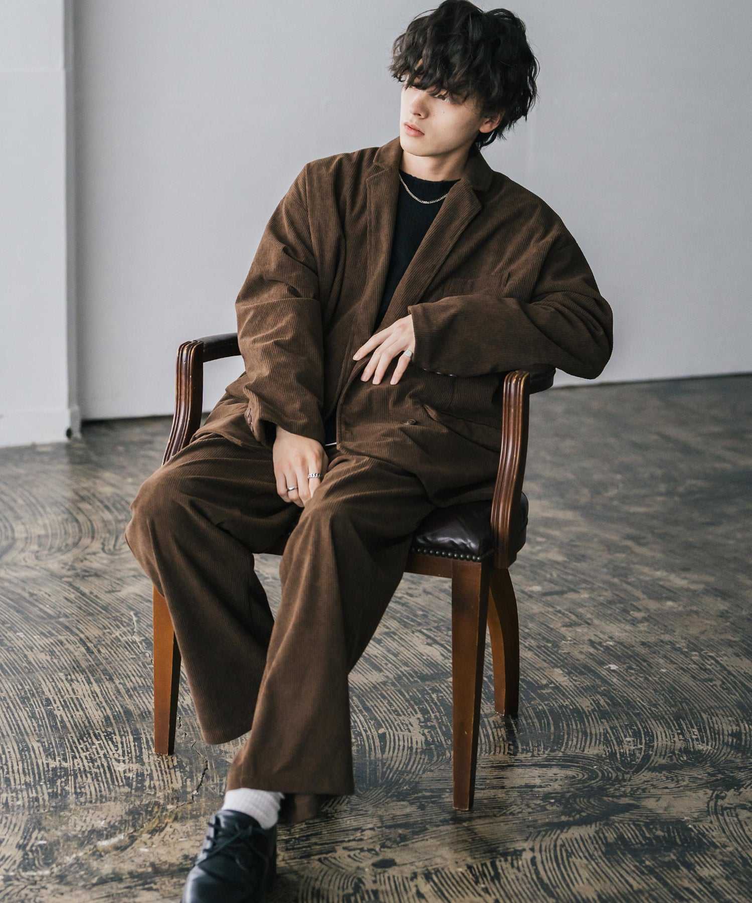 ロッキーモンロー Rocky Monroe セットアップ コーデュロイ 中太コール メンズ ダブルテーラードジャケット ワイドパンツ イージー テーパード 上下 ライトアウター リラックス 14689 （ブラウン） ブラウン