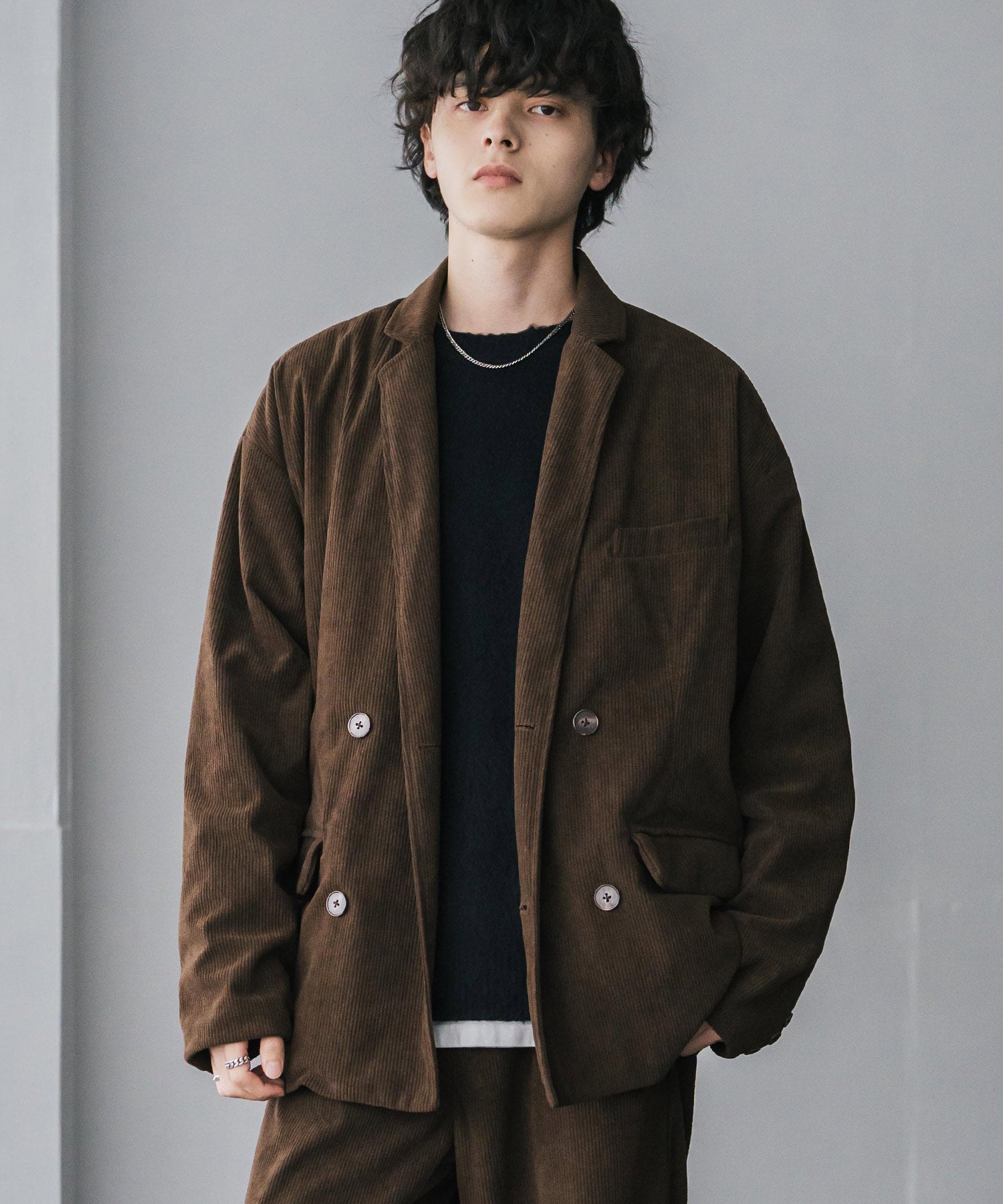 ロッキーモンロー Rocky Monroe セットアップ コーデュロイ 中太コール メンズ ダブルテーラードジャケット ワイドパンツ イージー テーパード 上下 ライトアウター リラックス 14689 （ブラウン） ブラウン