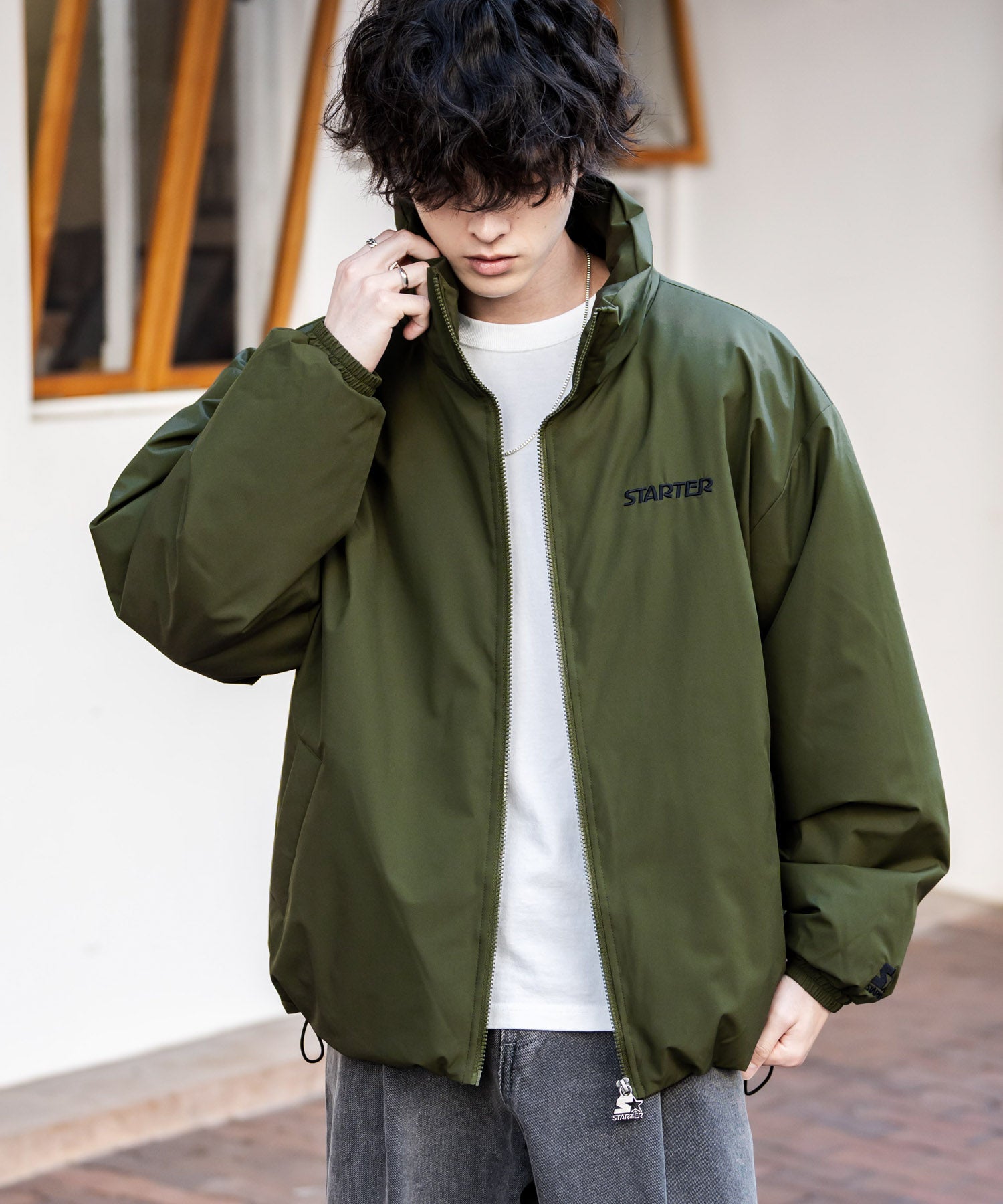 ロッキーモンロー Rocky Monroe ファイバーダウンジャケット 中綿 アウター メンズ レディース ブルゾン ロゴ 刺繍 ワンポイント 撥水 STARTER BLACK LABEL 15012 （カーキ） カーキ