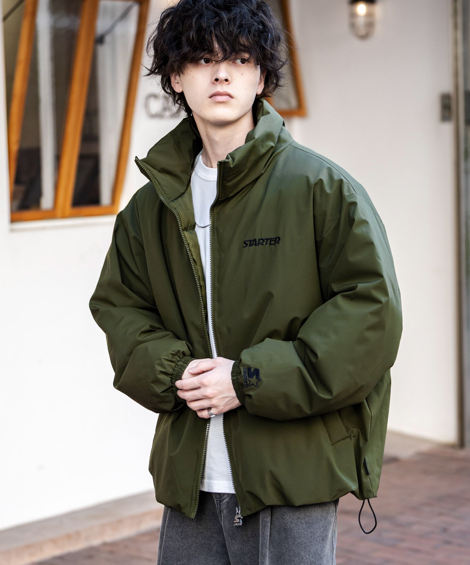 ロッキーモンロー Rocky Monroe ファイバーダウンジャケット 中綿 アウター メンズ レディース ブルゾン ロゴ 刺繍 ワンポイント 撥水 STARTER BLACK LABEL 15012 （カーキ） カーキ