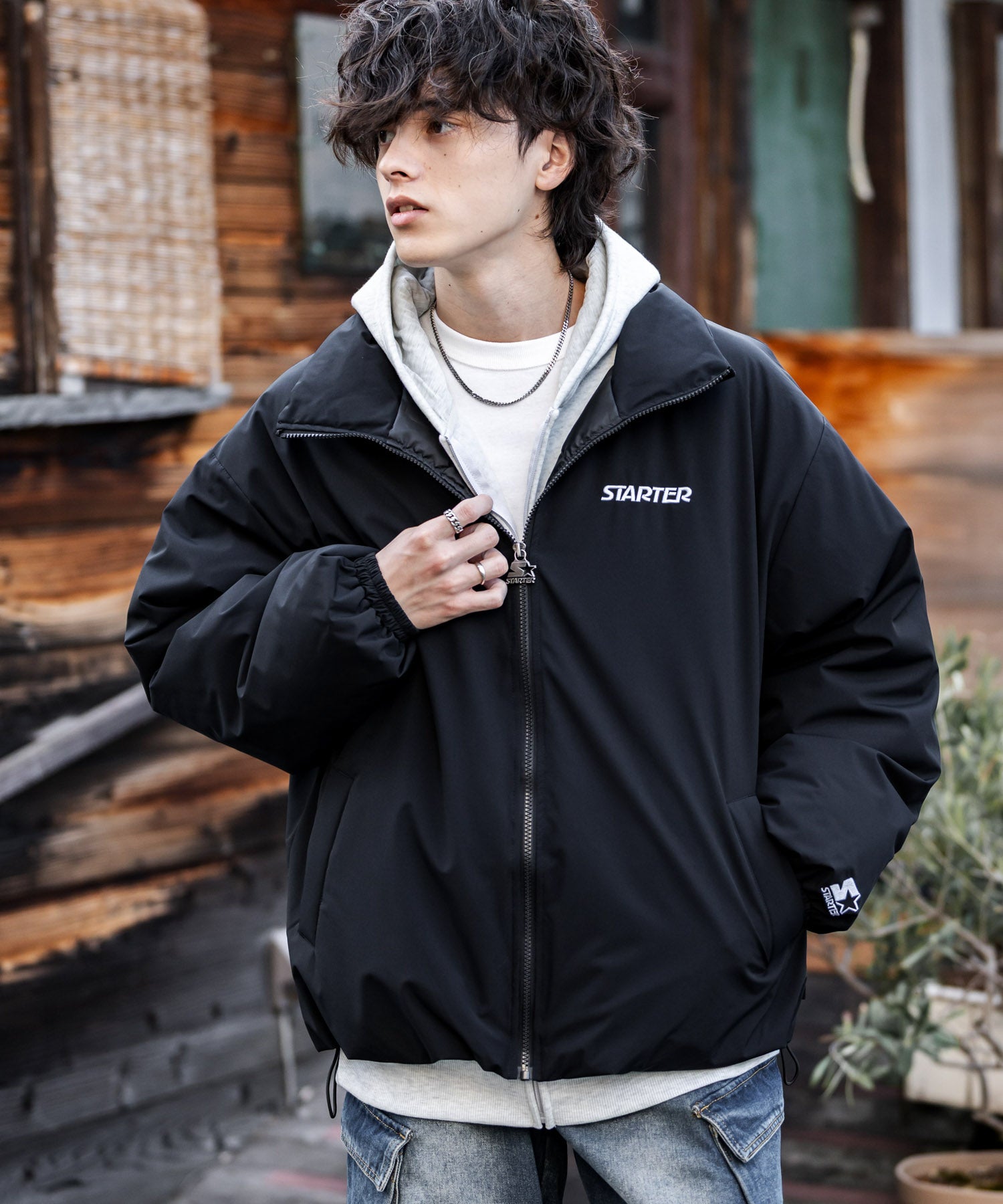 ロッキーモンロー Rocky Monroe ファイバーダウンジャケット 中綿 アウター メンズ レディース ブルゾン ロゴ 刺繍 ワンポイント 撥水 STARTER BLACK LABEL 15012 （カーキ） カーキ