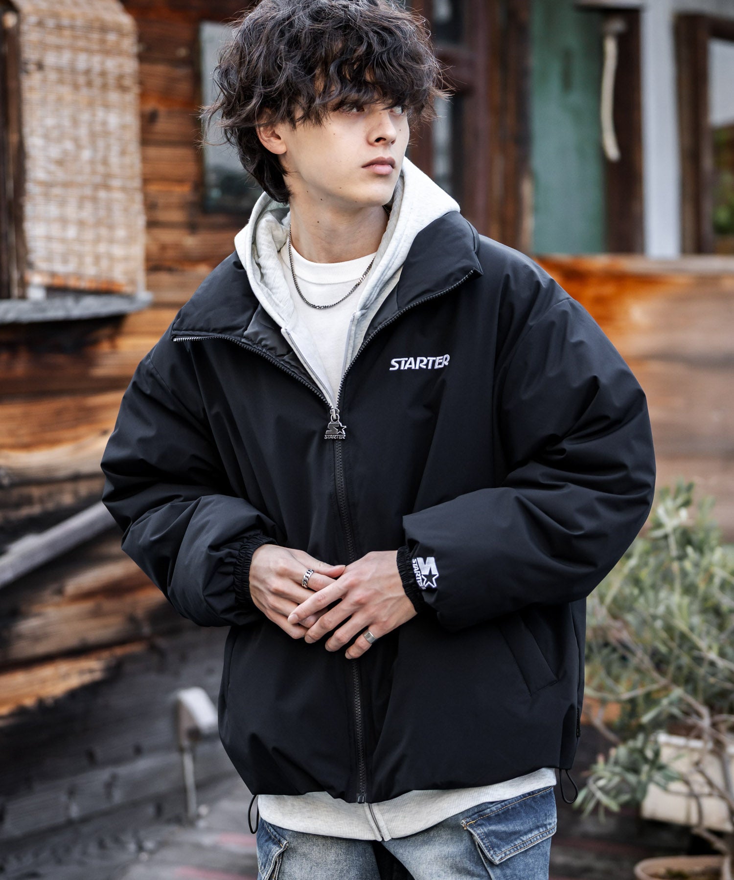 ロッキーモンロー Rocky Monroe ファイバーダウンジャケット 中綿 アウター メンズ レディース ブルゾン ロゴ 刺繍 ワンポイント 撥水 STARTER BLACK LABEL 15012 （カーキ） カーキ