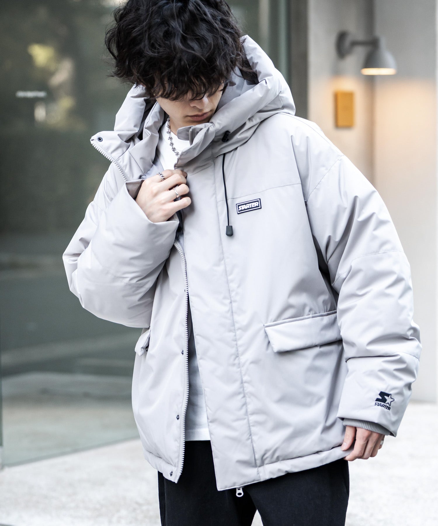 ロッキーモンロー Rocky Monroe ファイバーダウンジャケット 中綿 アウター フードジャケット メンズ レディース ブルゾン ロゴ 刺繍 STARTER BLACK LABEL 15013 （グレー） グレー