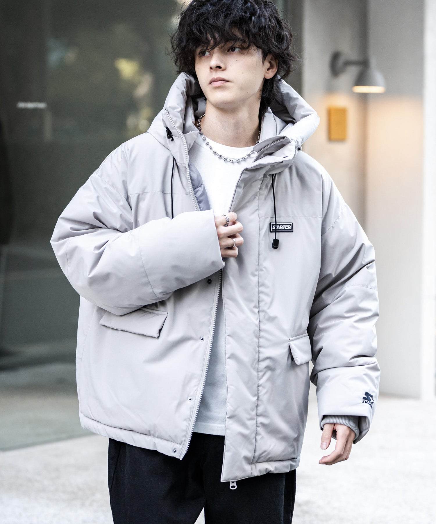 ロッキーモンロー Rocky Monroe ファイバーダウンジャケット 中綿 アウター フードジャケット メンズ レディース ブルゾン ロゴ 刺繍 STARTER BLACK LABEL 15013 （グレー） グレー