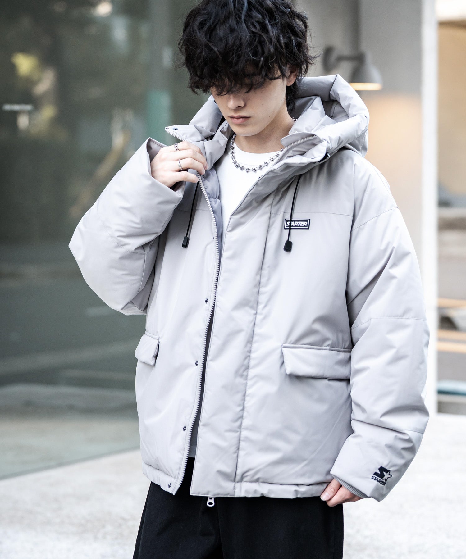 ロッキーモンロー Rocky Monroe ファイバーダウンジャケット 中綿 アウター フードジャケット メンズ レディース ブルゾン ロゴ 刺繍 STARTER BLACK LABEL 15013 （グレー） グレー