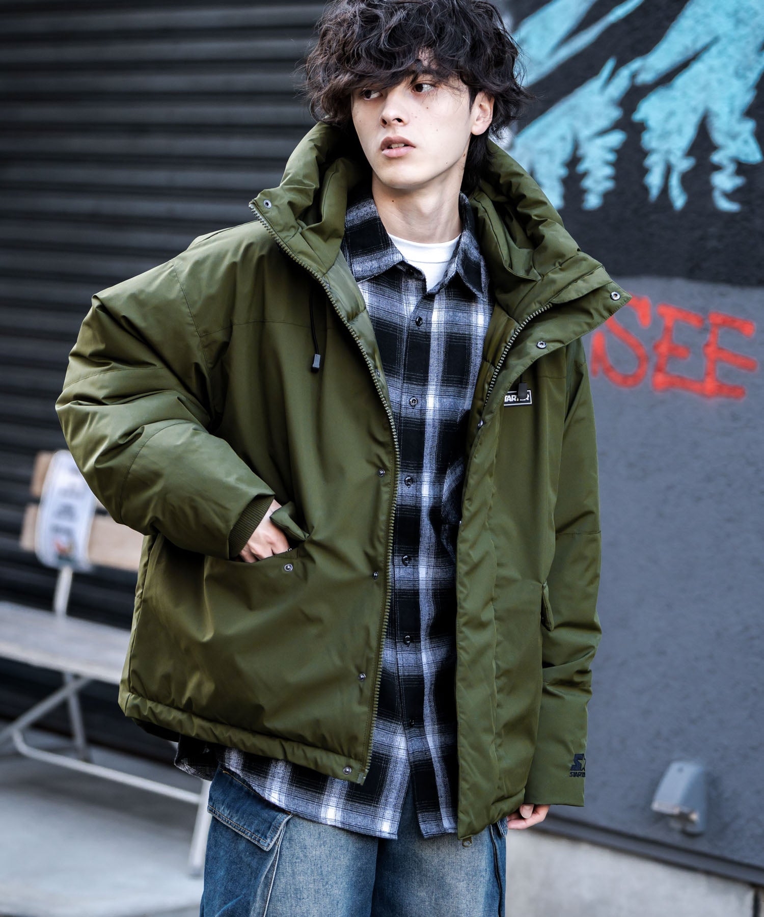 ロッキーモンロー Rocky Monroe ファイバーダウンジャケット 中綿 アウター フードジャケット メンズ レディース ブルゾン ロゴ 刺繍 STARTER BLACK LABEL 15013 （グレー） グレー