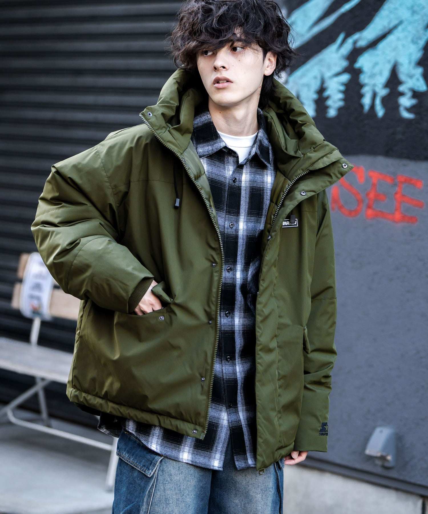 ロッキーモンロー Rocky Monroe ファイバーダウンジャケット 中綿 アウター フードジャケット メンズ レディース ブルゾン ロゴ 刺繍 STARTER BLACK LABEL 15013 （グレー） グレー