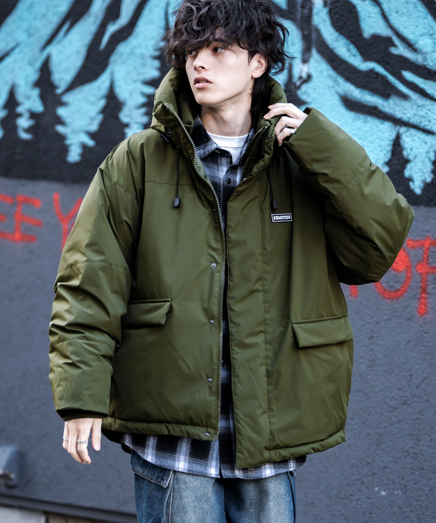 ロッキーモンロー Rocky Monroe ファイバーダウンジャケット 中綿 アウター フードジャケット メンズ レディース ブルゾン ロゴ 刺繍 STARTER BLACK LABEL 15013 （グレー） グレー