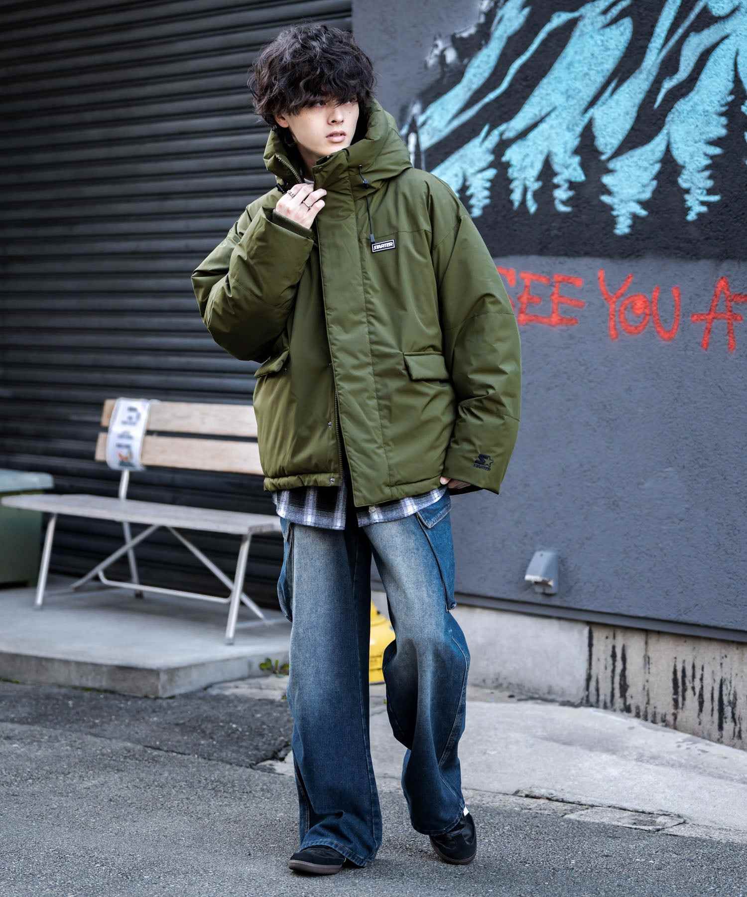 ロッキーモンロー Rocky Monroe ファイバーダウンジャケット 中綿 アウター フードジャケット メンズ レディース ブルゾン ロゴ 刺繍 STARTER BLACK LABEL 15013 （グレー） グレー