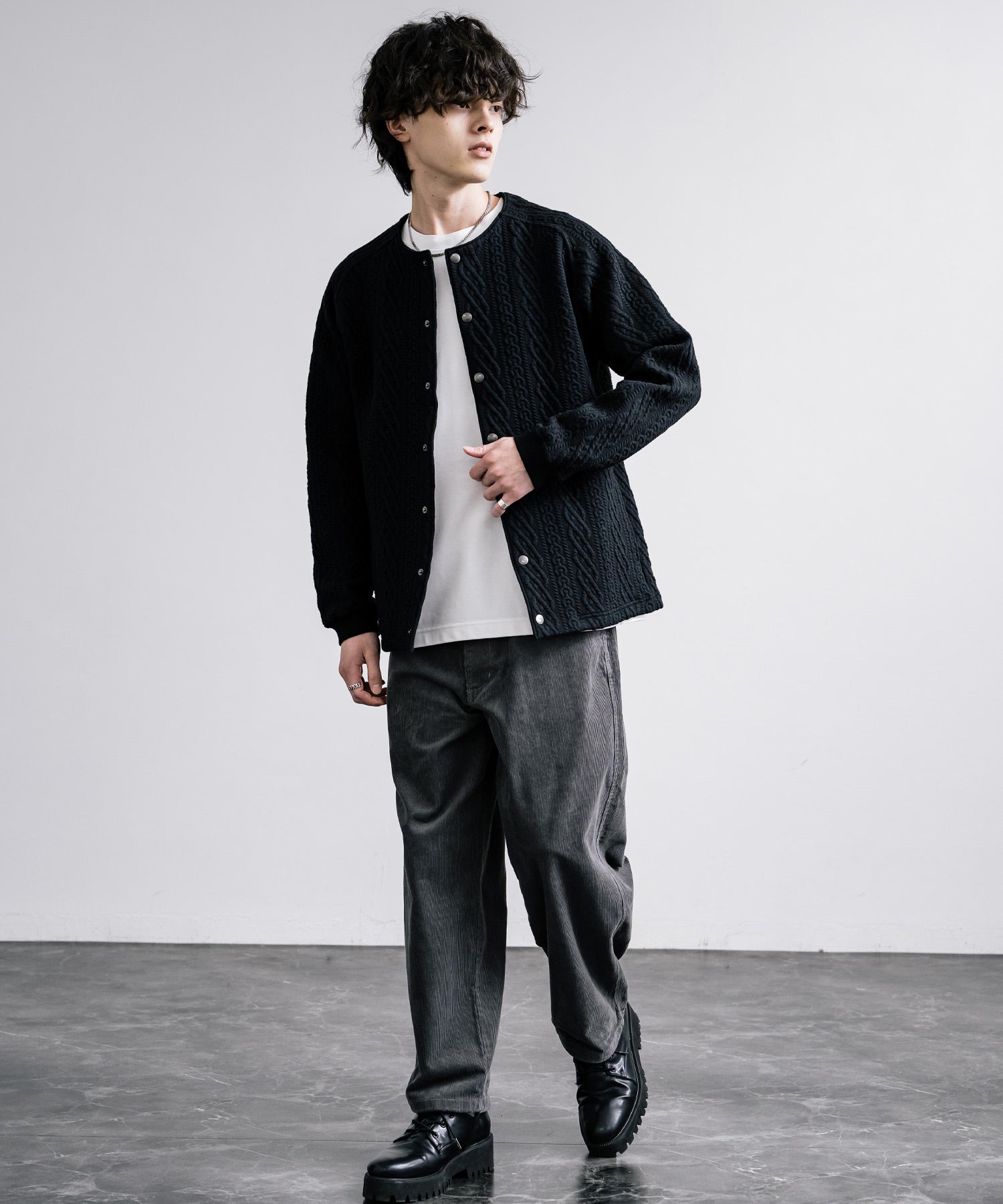 ロッキーモンロー Rocky Monroe ノーカラージャケット ブルゾン キルティングライナー メンズ カーディガン クロス ケーブル 国産 Upscape Audience AUD7330 15388 （ケーブルブラック） ケーブルブラック