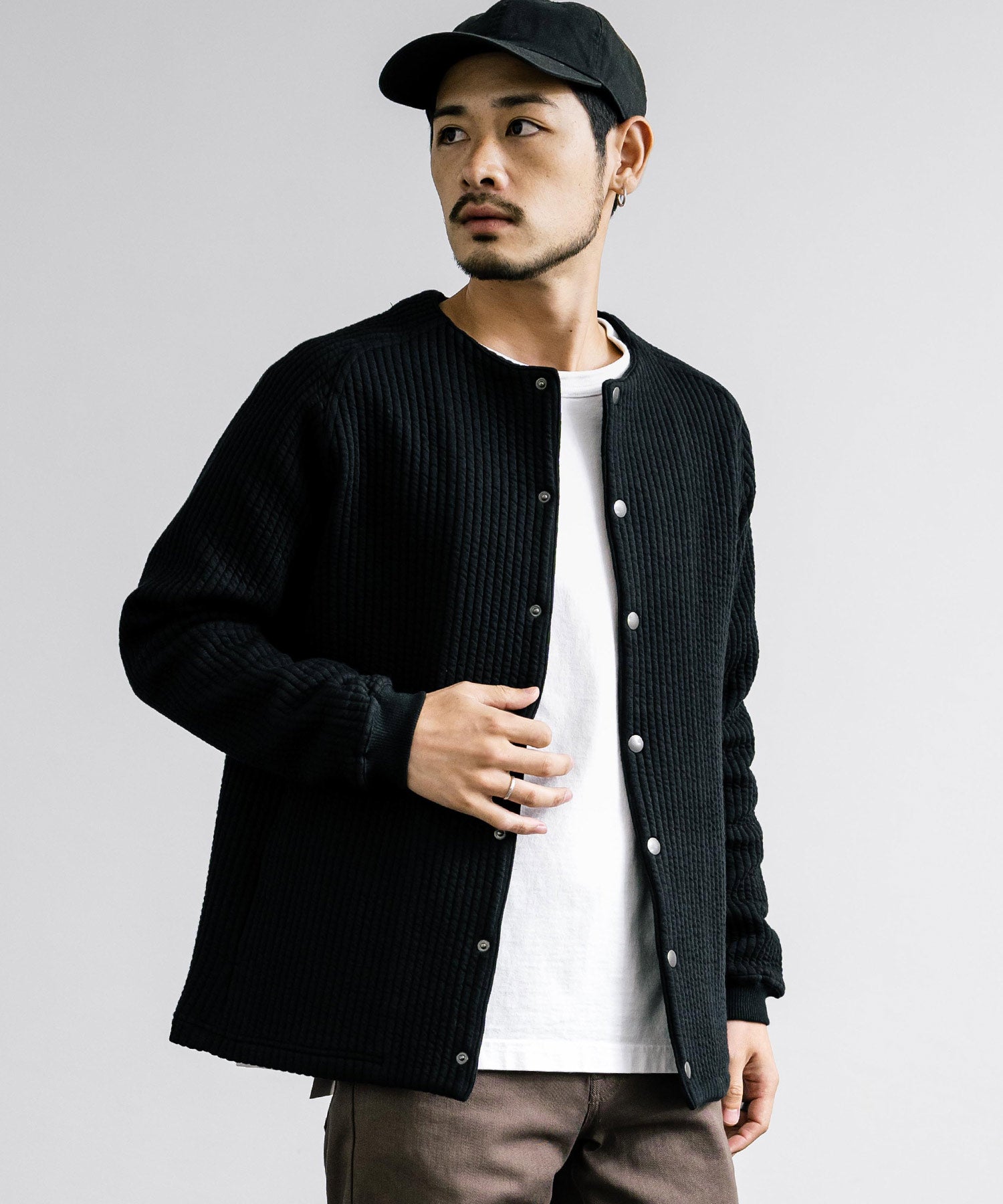 ロッキーモンロー Rocky Monroe ノーカラージャケット ブルゾン キルティングライナー メンズ カーディガン クロス ケーブル 国産 Upscape Audience AUD7330 15388 （ケーブルブラック） ケーブルブラック