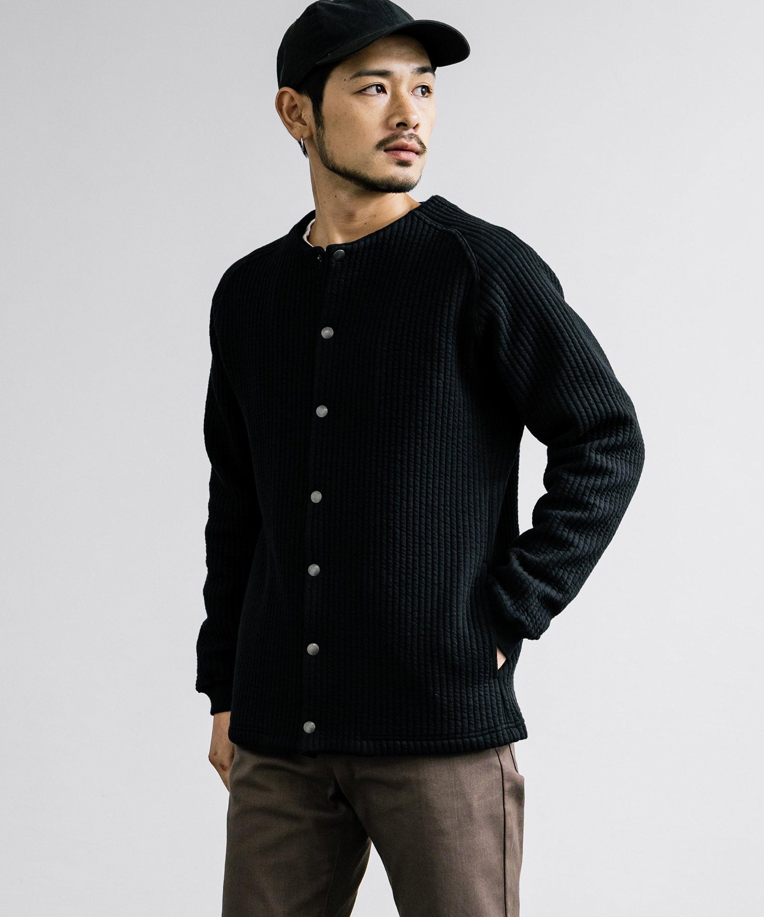 ロッキーモンロー Rocky Monroe ノーカラージャケット ブルゾン キルティングライナー メンズ カーディガン クロス ケーブル 国産 Upscape Audience AUD7330 15388 （ケーブルブラック） ケーブルブラック