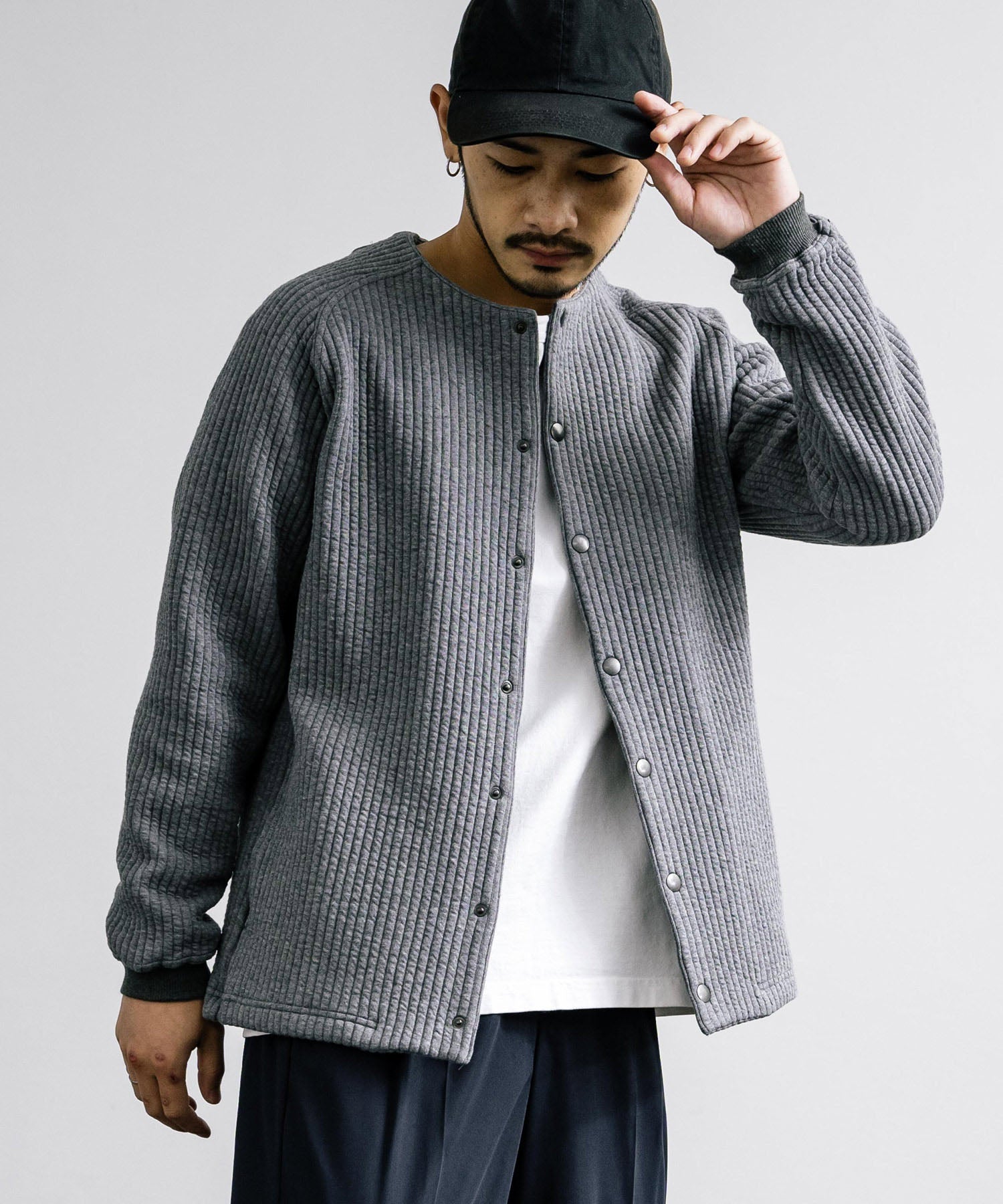 ロッキーモンロー Rocky Monroe ノーカラージャケット ブルゾン キルティングライナー メンズ カーディガン クロス ケーブル 国産 Upscape Audience AUD7330 15388 （ケーブルブラック） ケーブルブラック