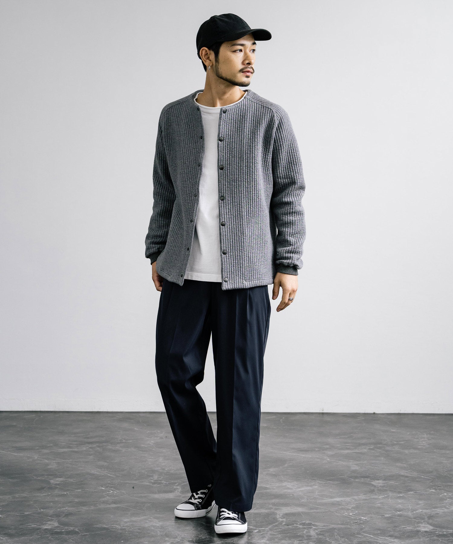 ロッキーモンロー Rocky Monroe ノーカラージャケット ブルゾン キルティングライナー メンズ カーディガン クロス ケーブル 国産 Upscape Audience AUD7330 15388 （ケーブルブラック） ケーブルブラック