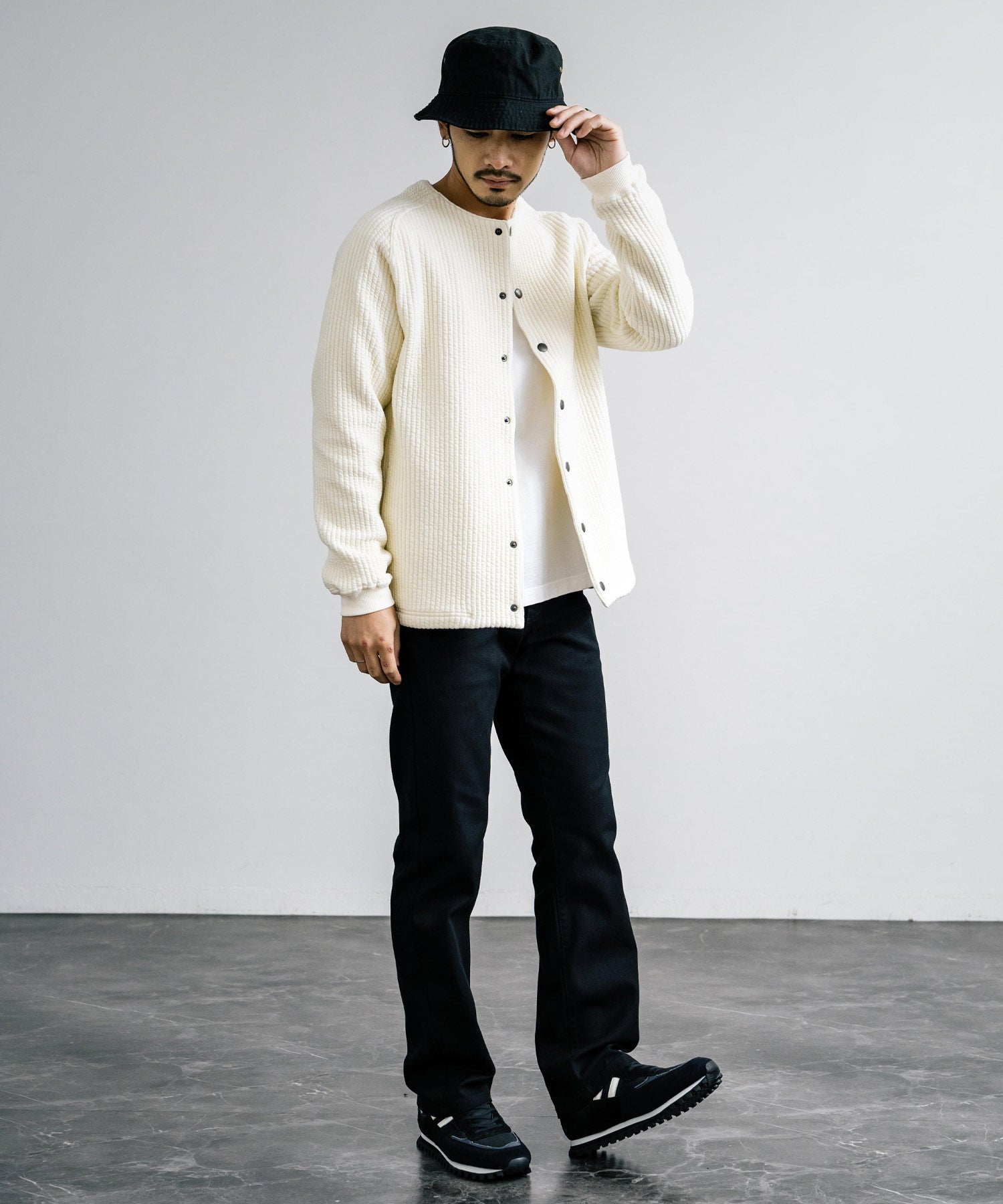 ロッキーモンロー Rocky Monroe ノーカラージャケット ブルゾン キルティングライナー メンズ カーディガン クロス ケーブル 国産 Upscape Audience AUD7330 15388 （ケーブルブラック） ケーブルブラック