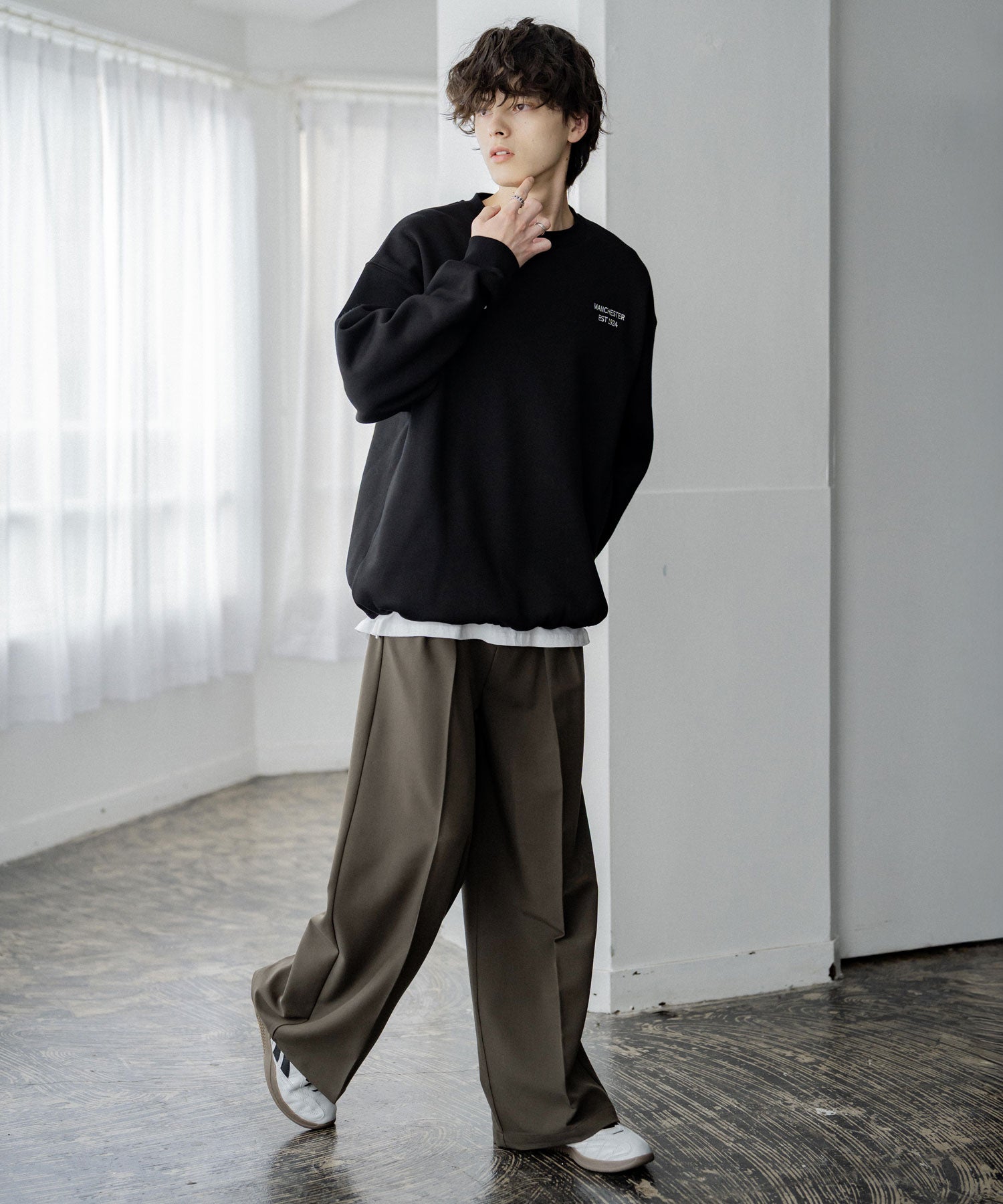 ロッキーモンロー Rocky Monroe ワイドスラックス セミワイド メンズ イージー ストレート 2タック ストレッチ センタープレス 無地 ピンストライプ リラックス ゆったり カジュアル 15248 （ブラウン） ブラウン