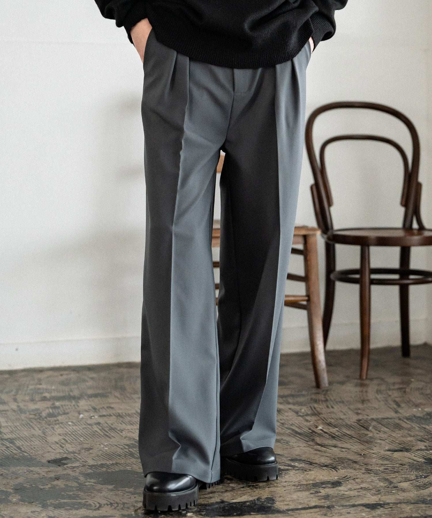 ロッキーモンロー Rocky Monroe ワイドスラックス セミワイド メンズ イージー ストレート 2タック ストレッチ センタープレス 無地 ピンストライプ リラックス ゆったり カジュアル 15248 （ブラウン） ブラウン