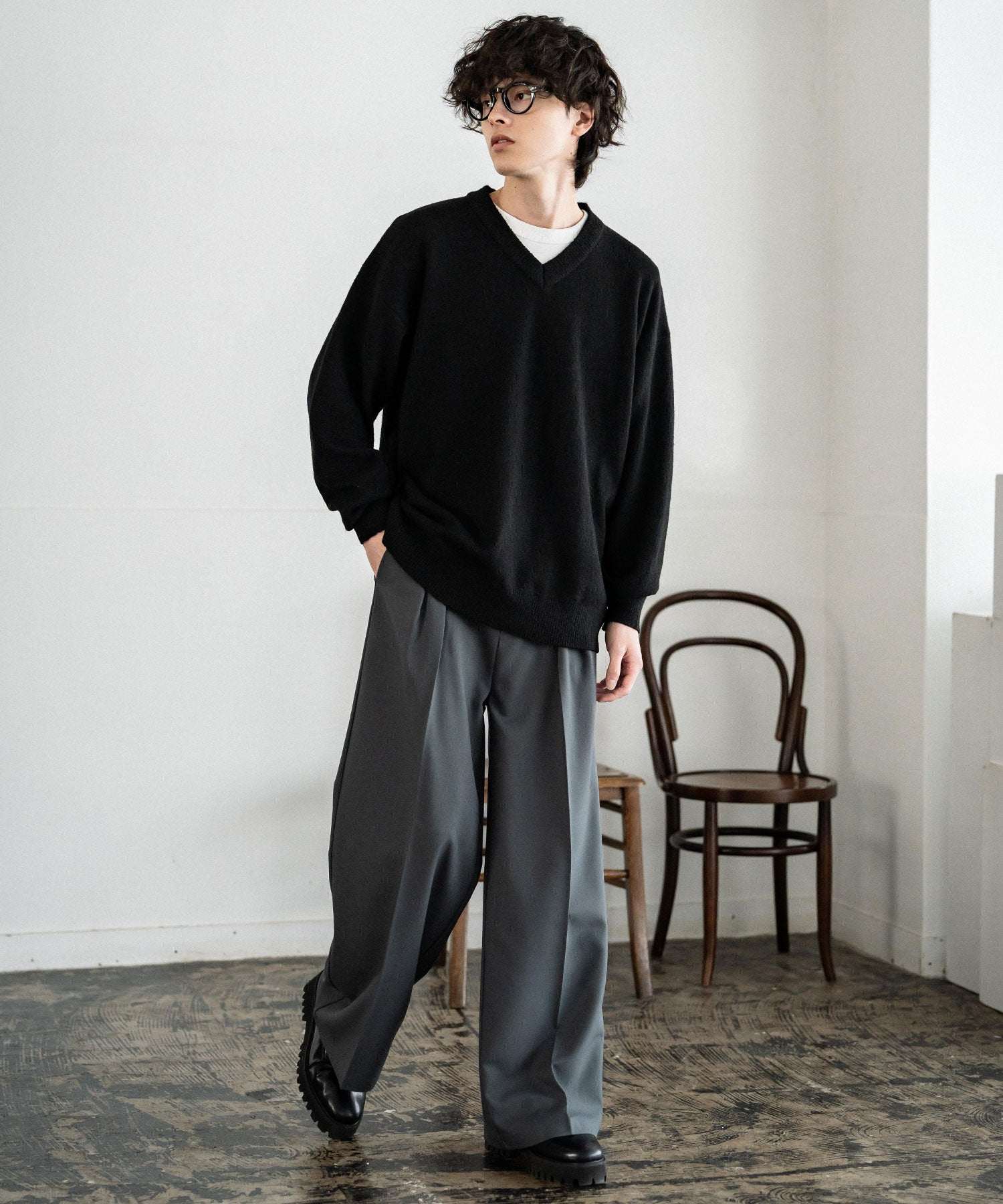 ロッキーモンロー Rocky Monroe ワイドスラックス セミワイド メンズ イージー ストレート 2タック ストレッチ センタープレス 無地 ピンストライプ リラックス ゆったり カジュアル 15248 （ブラウン） ブラウン