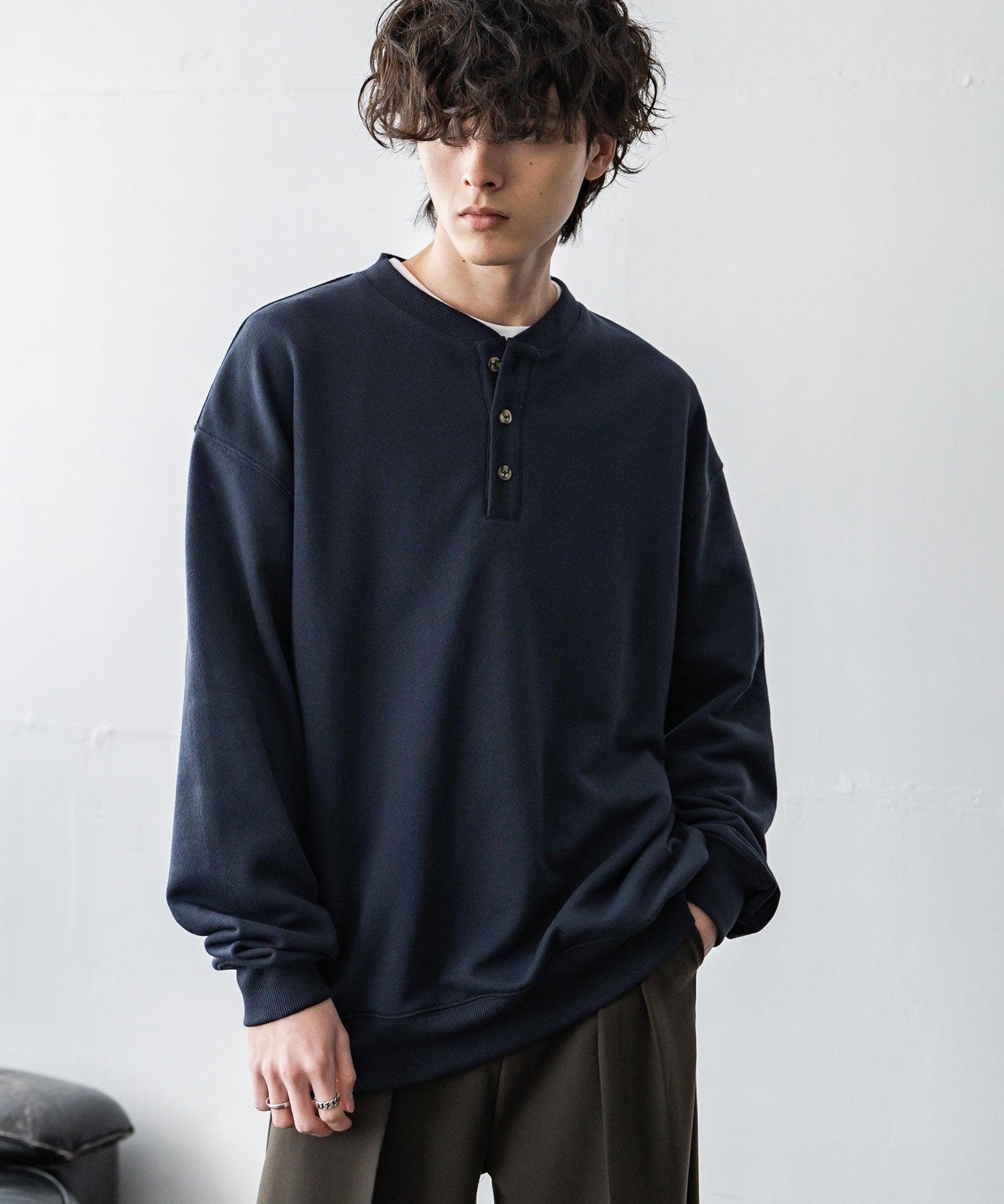 ロッキーモンロー Rocky Monroe トレーナー スウェット 裏毛 ヘンリーネック メンズ レディース 裏パイル 長袖 Tシャツ カットソー オーバーサイズ レイヤード セットアップ対応 15436 （ネイビー） ネイビー