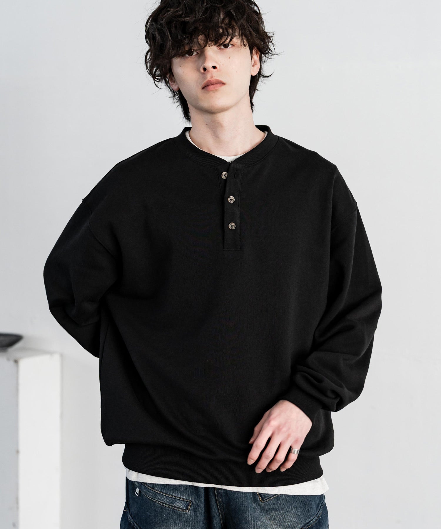 ロッキーモンロー Rocky Monroe トレーナー スウェット 裏毛 ヘンリーネック メンズ レディース 裏パイル 長袖 Tシャツ カットソー オーバーサイズ レイヤード セットアップ対応 15436 （ネイビー） ネイビー