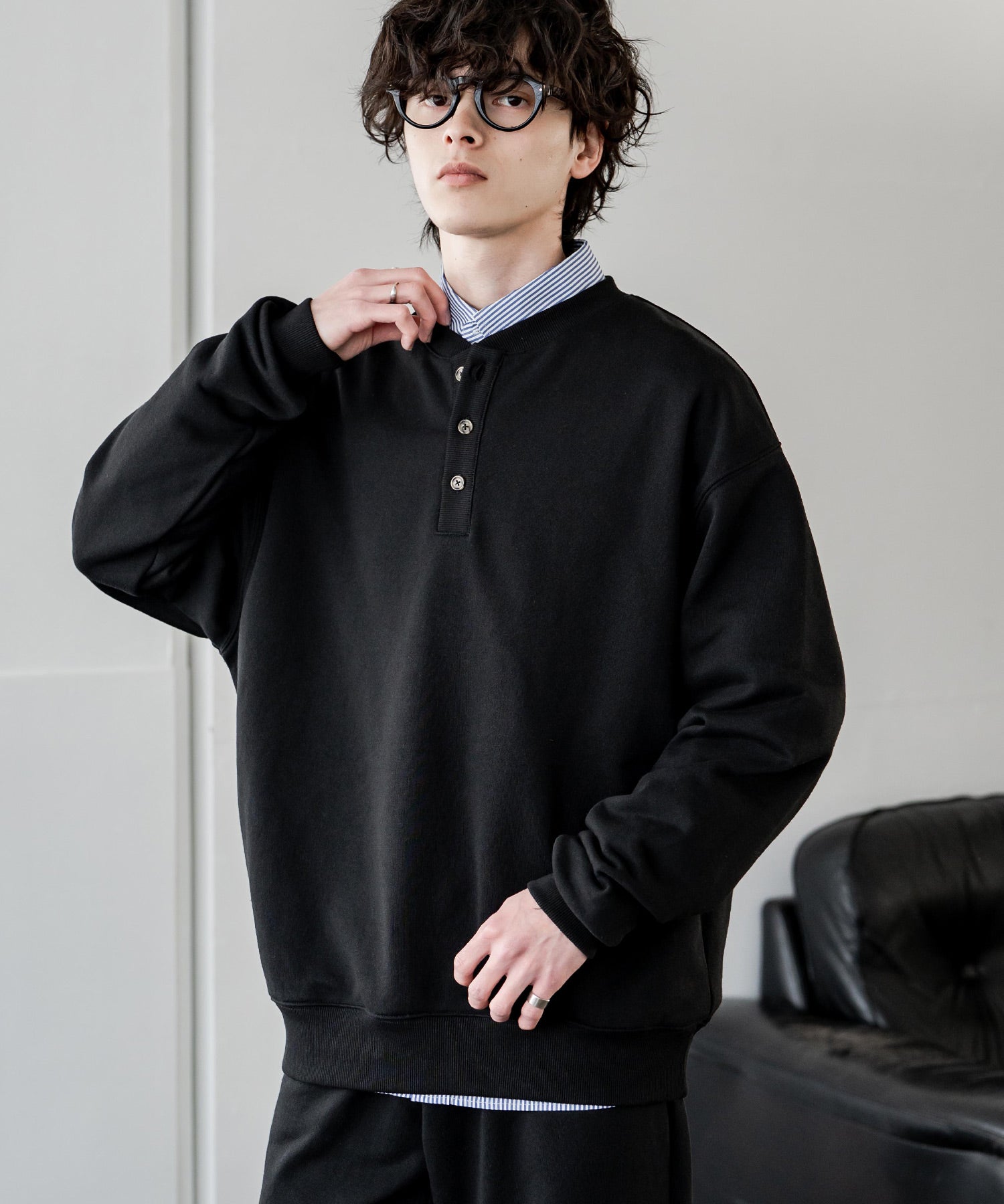 ロッキーモンロー Rocky Monroe トレーナー スウェット 裏毛 ヘンリーネック メンズ レディース 裏パイル 長袖 Tシャツ カットソー オーバーサイズ レイヤード セットアップ対応 15436 （ネイビー） ネイビー