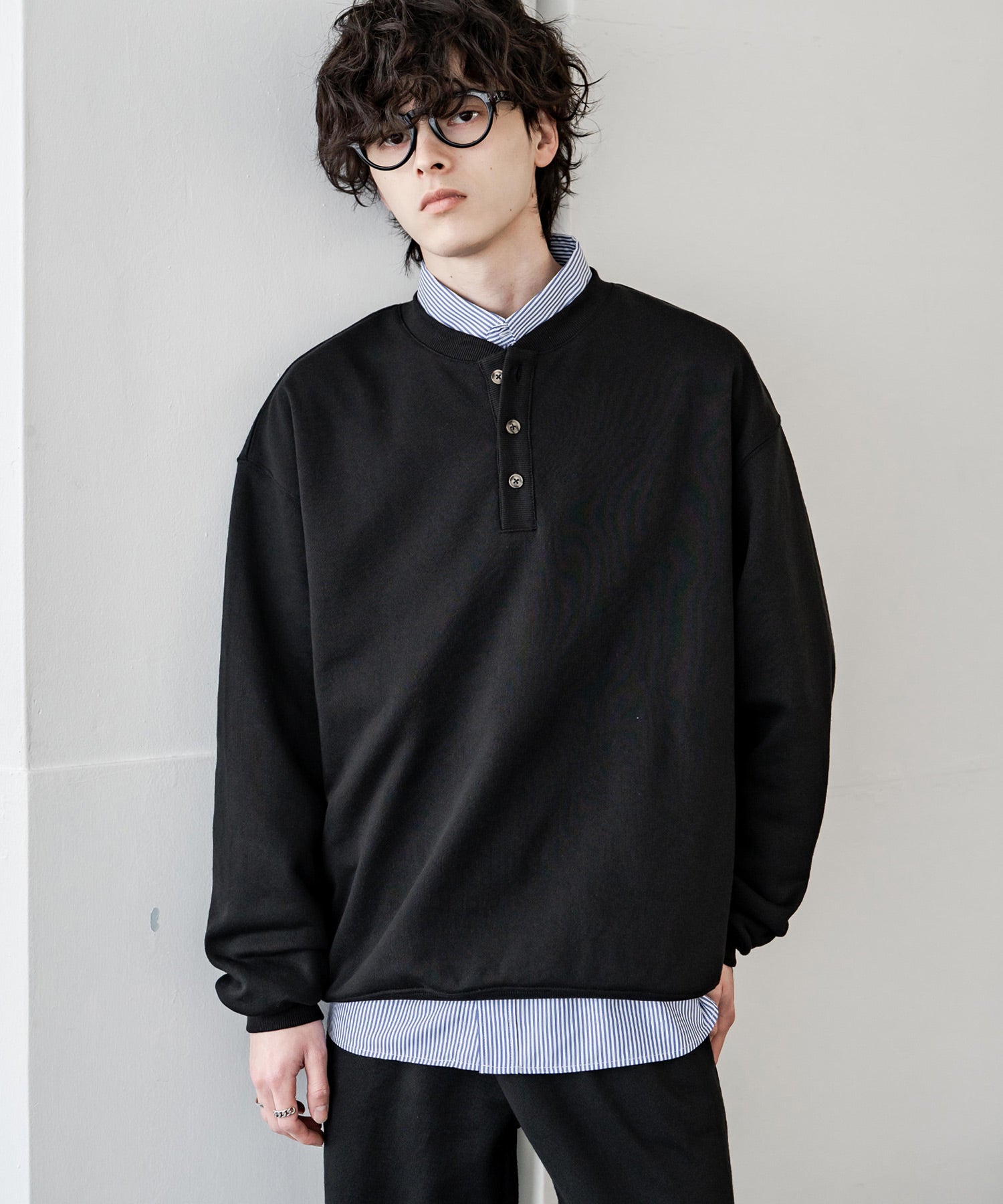 ロッキーモンロー Rocky Monroe トレーナー スウェット 裏毛 ヘンリーネック メンズ レディース 裏パイル 長袖 Tシャツ カットソー オーバーサイズ レイヤード セットアップ対応 15436 （ネイビー） ネイビー