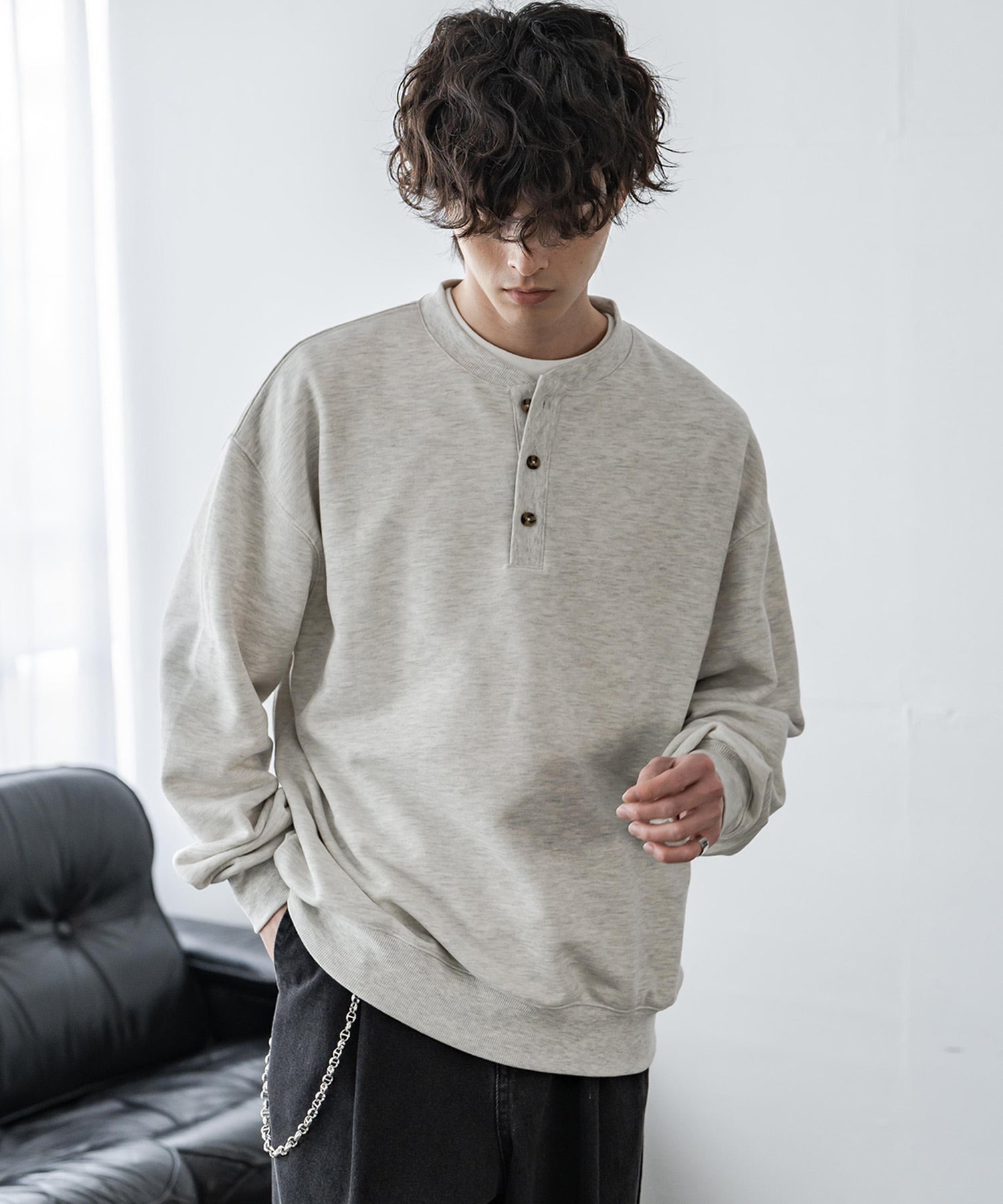 ロッキーモンロー Rocky Monroe トレーナー スウェット 裏毛 ヘンリーネック メンズ レディース 裏パイル 長袖 Tシャツ カットソー オーバーサイズ レイヤード セットアップ対応 15436 （ネイビー） ネイビー