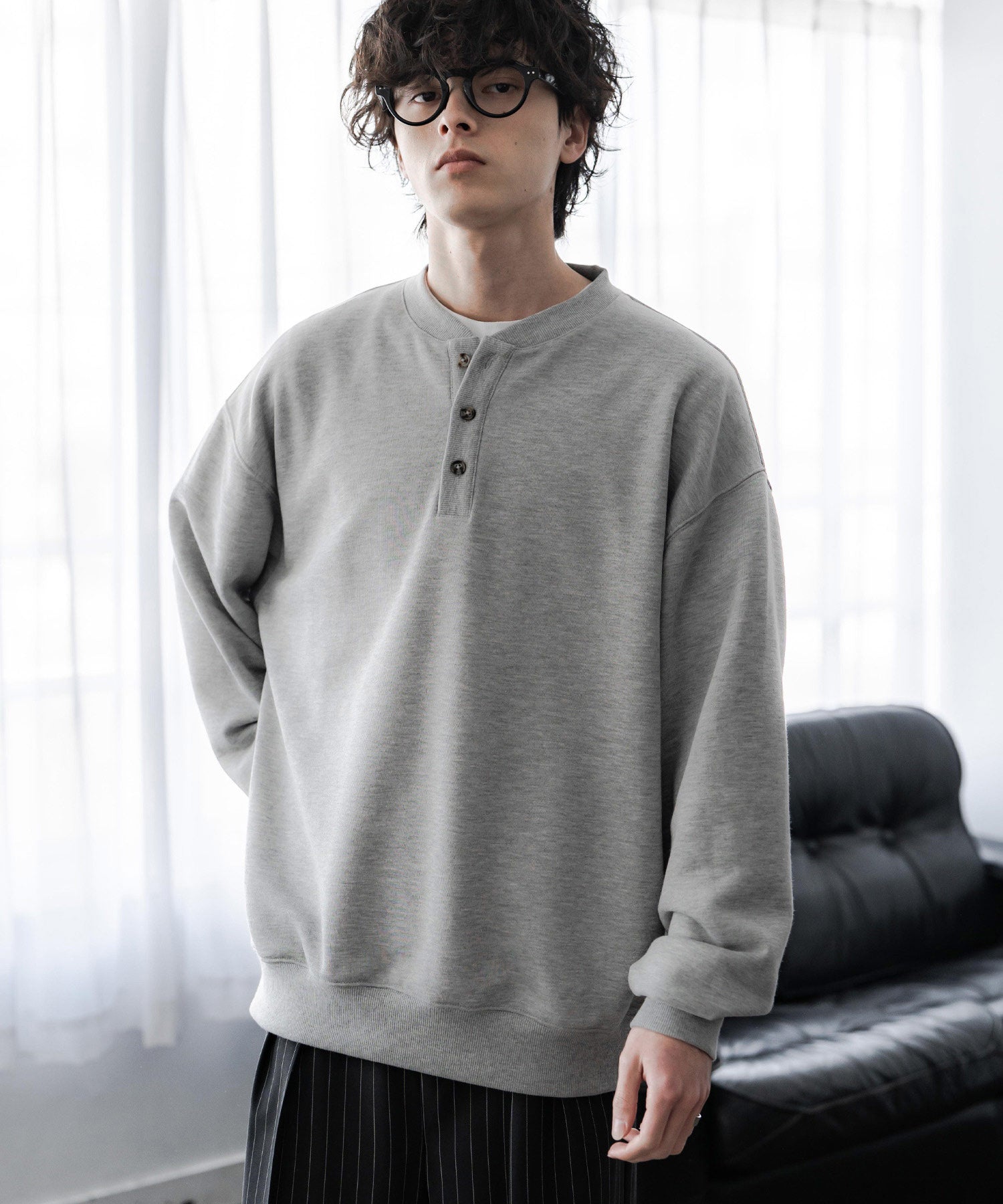 ロッキーモンロー Rocky Monroe トレーナー スウェット 裏毛 ヘンリーネック メンズ レディース 裏パイル 長袖 Tシャツ カットソー オーバーサイズ レイヤード セットアップ対応 15436 （ネイビー） ネイビー