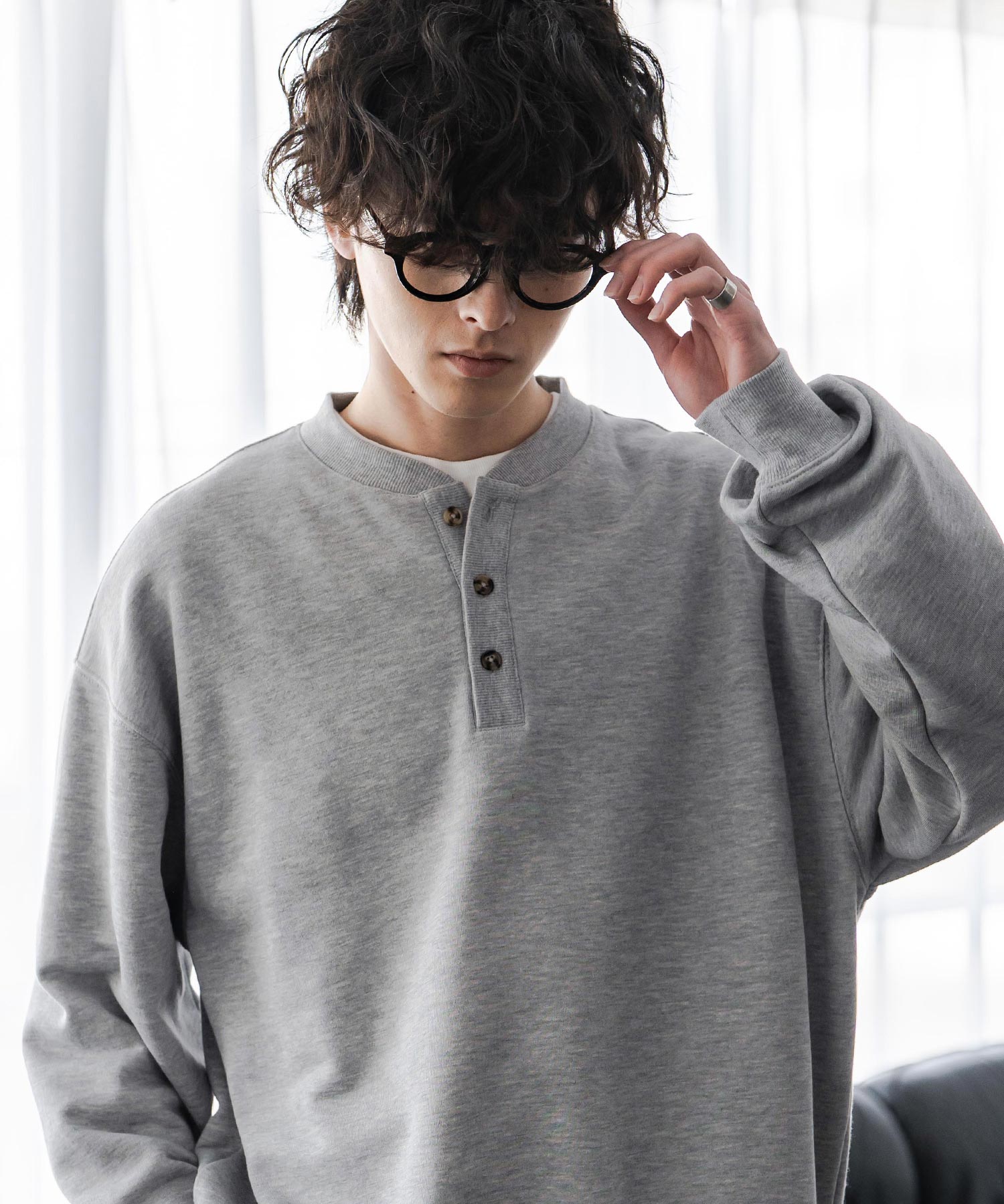 ロッキーモンロー Rocky Monroe トレーナー スウェット 裏毛 ヘンリーネック メンズ レディース 裏パイル 長袖 Tシャツ カットソー オーバーサイズ レイヤード セットアップ対応 15436 （ネイビー） ネイビー