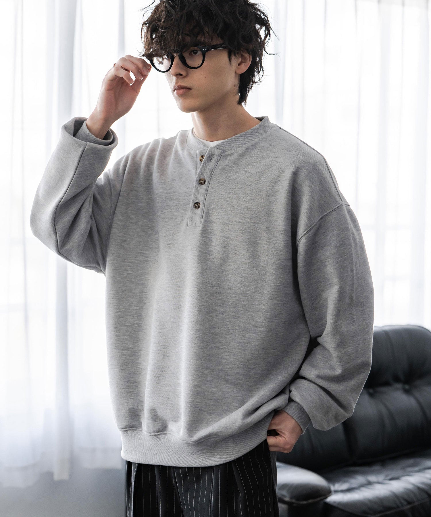 ロッキーモンロー Rocky Monroe トレーナー スウェット 裏毛 ヘンリーネック メンズ レディース 裏パイル 長袖 Tシャツ カットソー オーバーサイズ レイヤード セットアップ対応 15436 （グレー） グレー