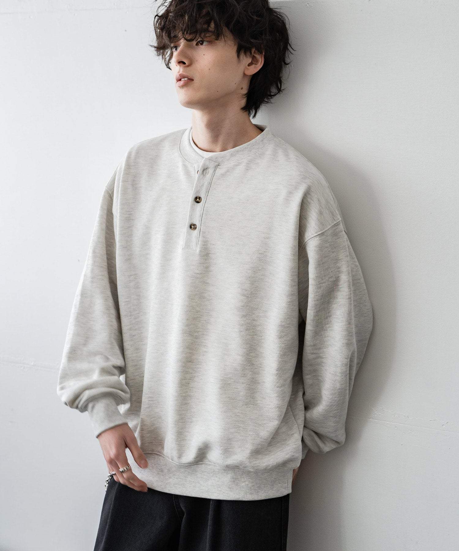 ロッキーモンロー Rocky Monroe トレーナー スウェット 裏毛 ヘンリーネック メンズ レディース 裏パイル 長袖 Tシャツ カットソー オーバーサイズ レイヤード セットアップ対応 15436 （アッシュ） アッシュ