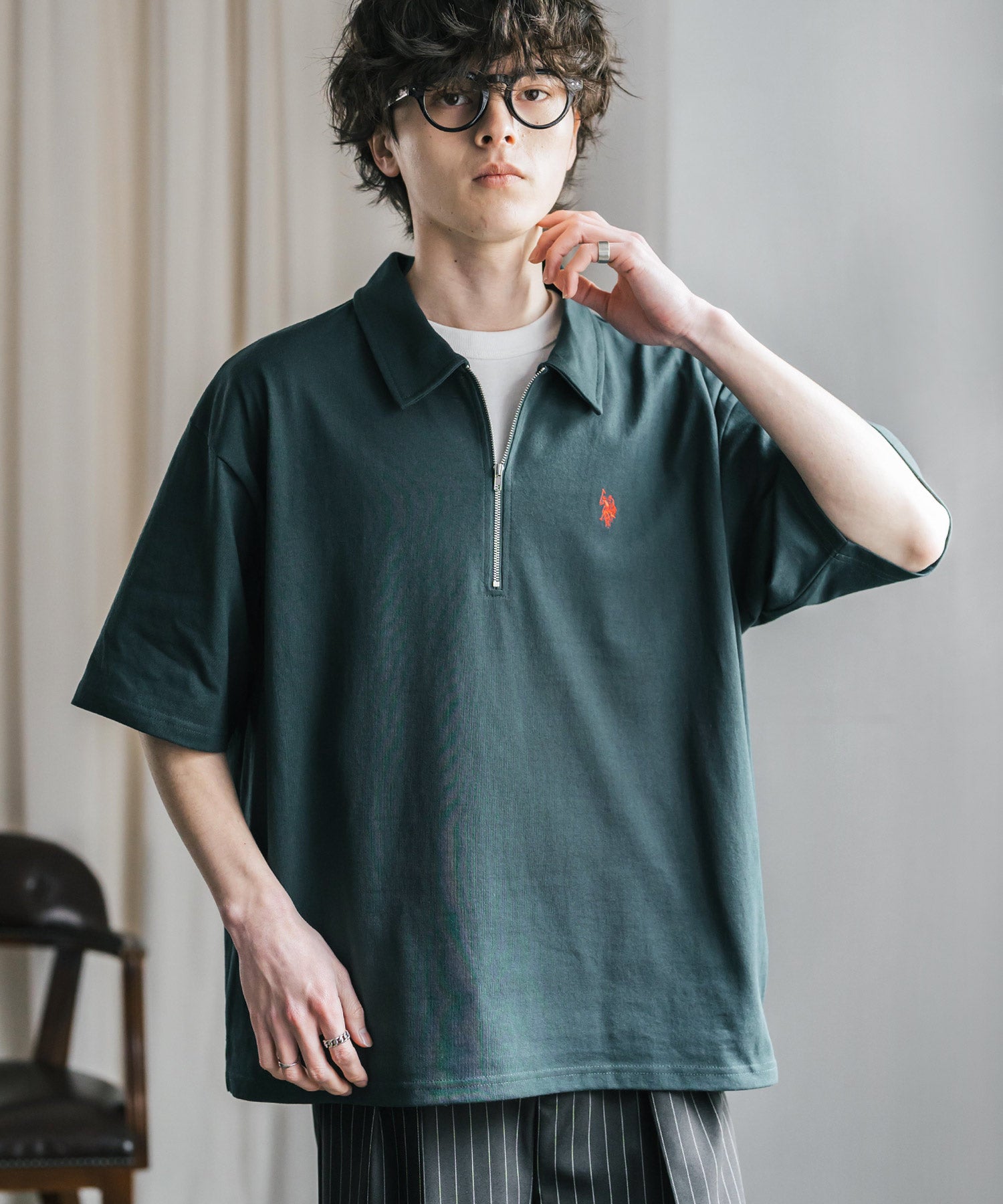 ロッキーモンロー Rocky Monroe U.S. POLO ASSN. ポロシャツ ハーフジップ 半袖 メンズ レディース 新色追加 天竺 ロゴ刺繍 無地 クレリック ゴルフ 別注コラボ 15426 （グリーン） グリーン