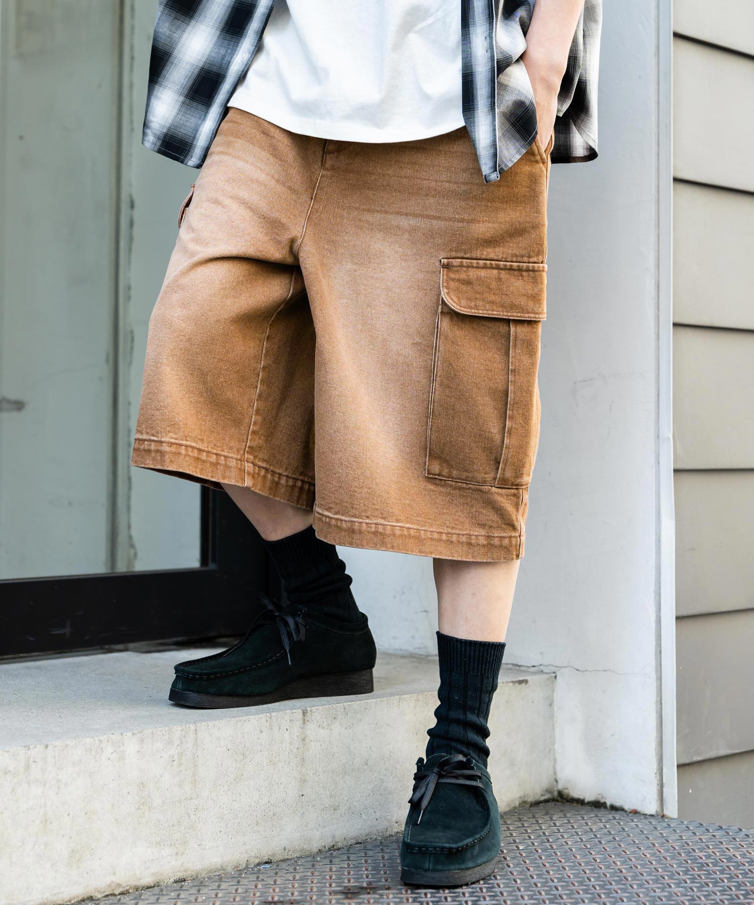 ロッキーモンロー Rocky Monroe カーゴパンツ デニム ハーフ メンズ ショート ワイドジーンズ 短パン 膝下 半パン ケミカルウォッシュ オーバーダイ リラックス ヴィンテージ 15733 （ブラウンオーバーダイ） ブラウンオーバーダイ