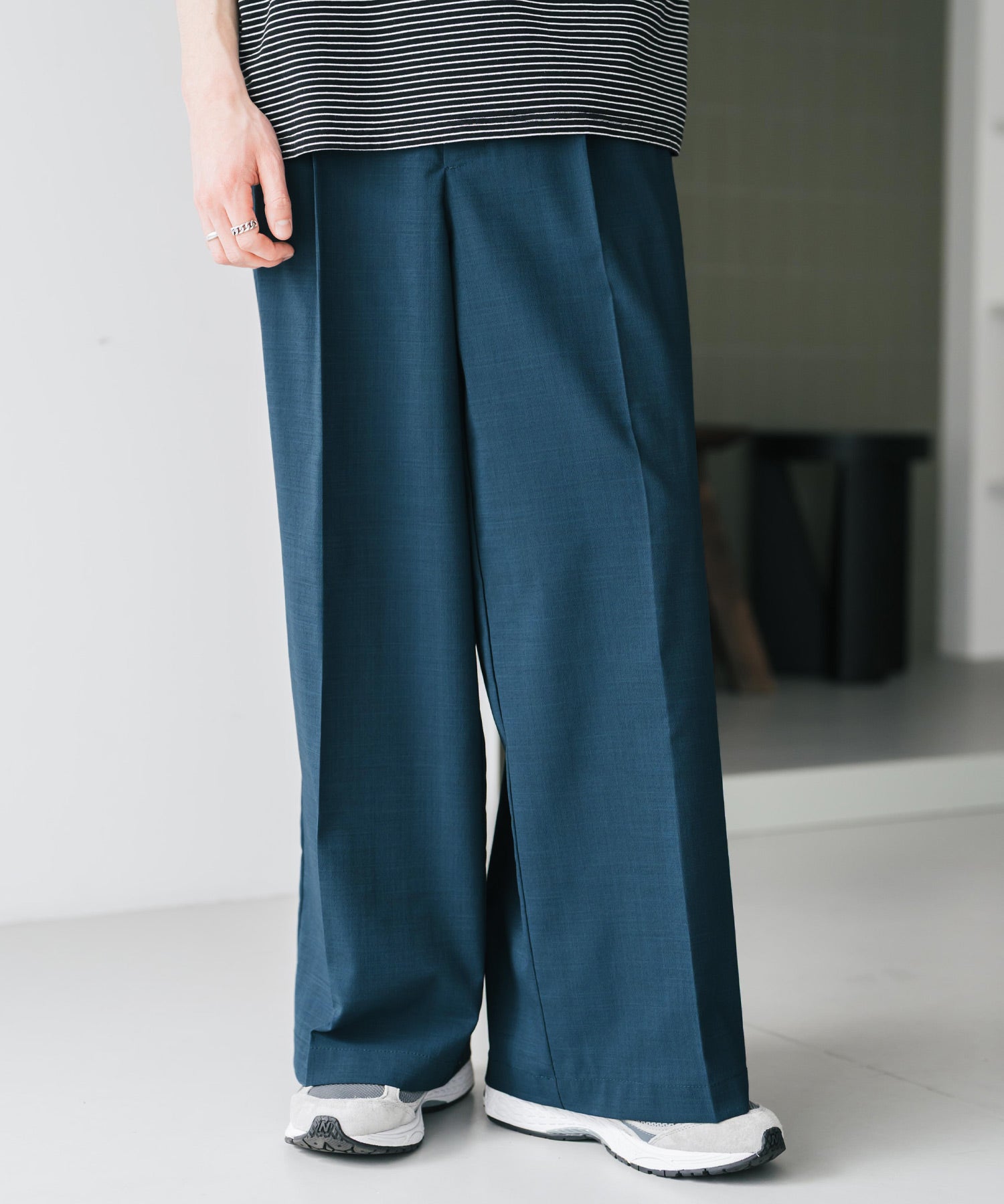 ロッキーモンロー Rocky Monroe スラックス ワイドパンツ 接触冷感 メンズ ストレート イージー ルーズ センタープレス ワンタック バックシャーリング リネンライク 多機能 ストレッチ 15483 （ブルーグリーン） ブルーグリーン
