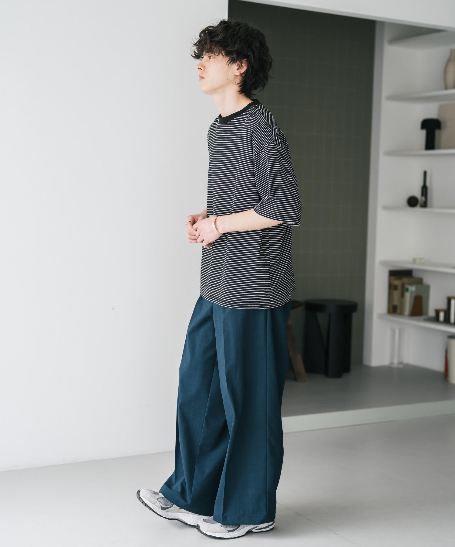ロッキーモンロー Rocky Monroe スラックス ワイドパンツ 接触冷感 メンズ ストレート イージー ルーズ センタープレス ワンタック バックシャーリング リネンライク 多機能 ストレッチ 15483 （ブルーグリーン） ブルーグリーン