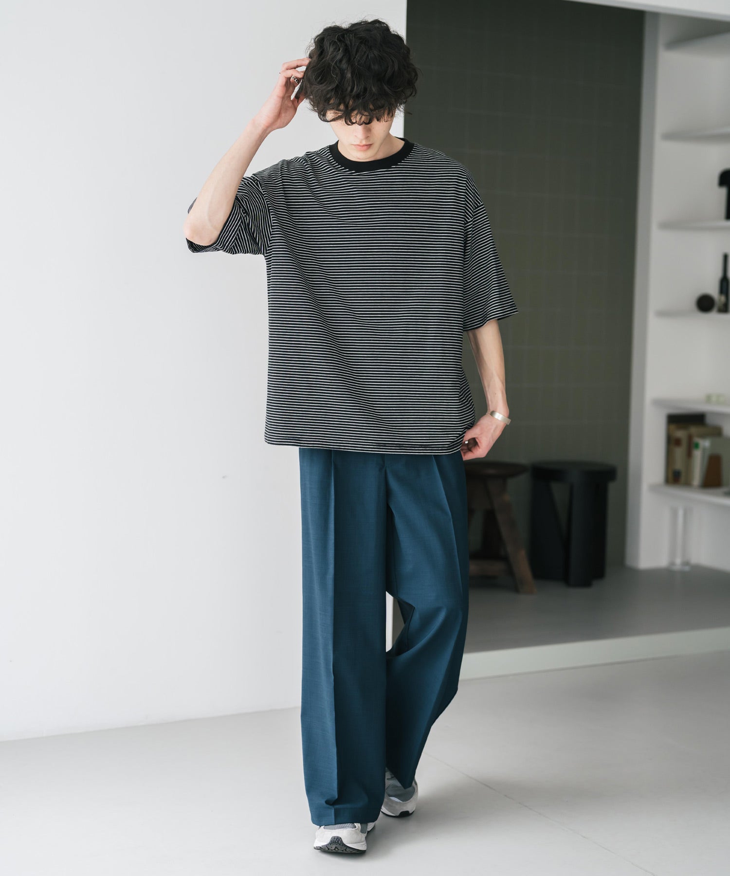 ロッキーモンロー Rocky Monroe スラックス ワイドパンツ 接触冷感 メンズ ストレート イージー ルーズ センタープレス ワンタック バックシャーリング リネンライク 多機能 ストレッチ 15483 （ブルーグリーン） ブルーグリーン