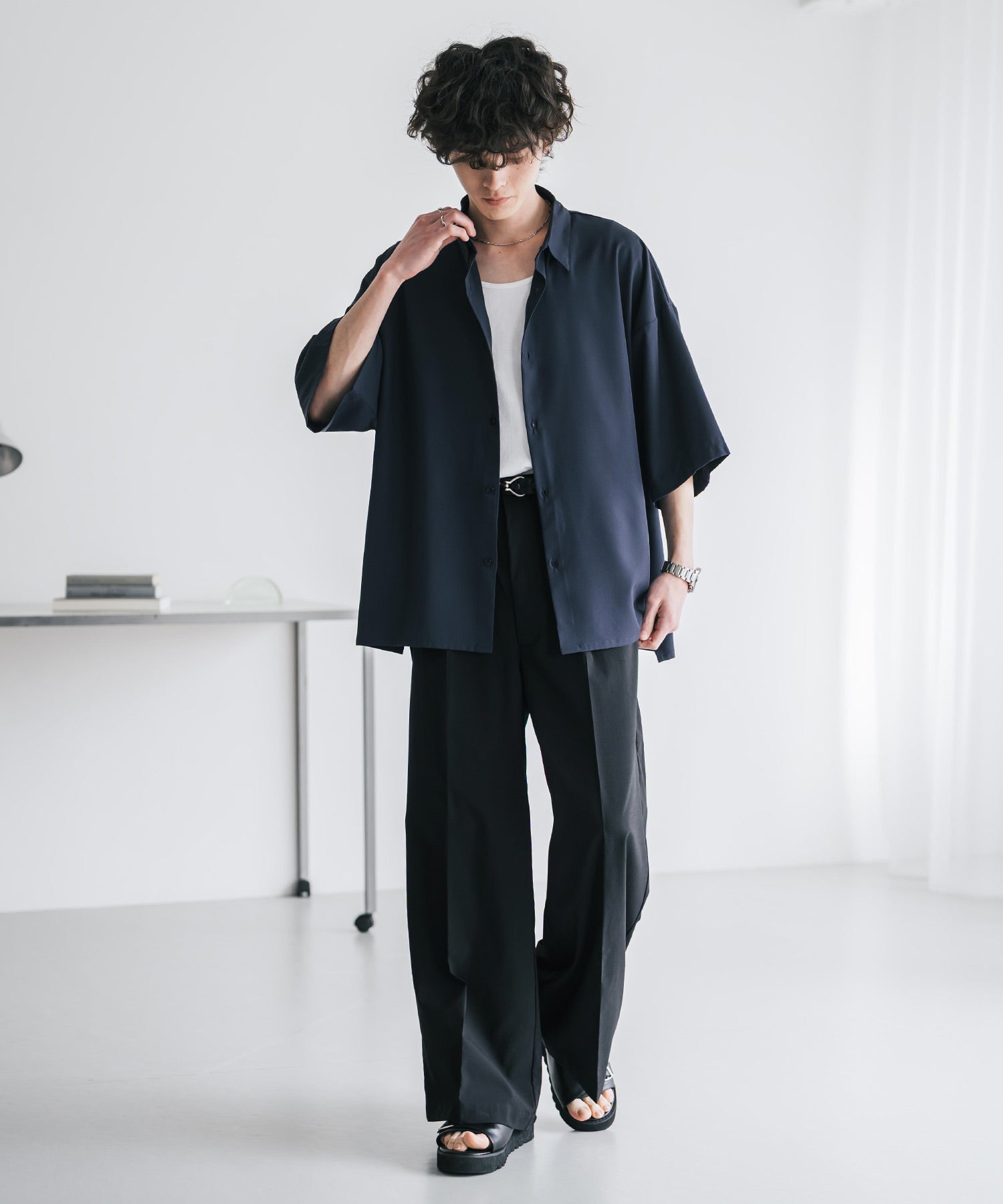 ロッキーモンロー Rocky Monroe スラックス ワイドパンツ 接触冷感 メンズ ストレート イージー ルーズ センタープレス ワンタック バックシャーリング リネンライク 多機能 ストレッチ 15483 （ブルーグリーン） ブルーグリーン