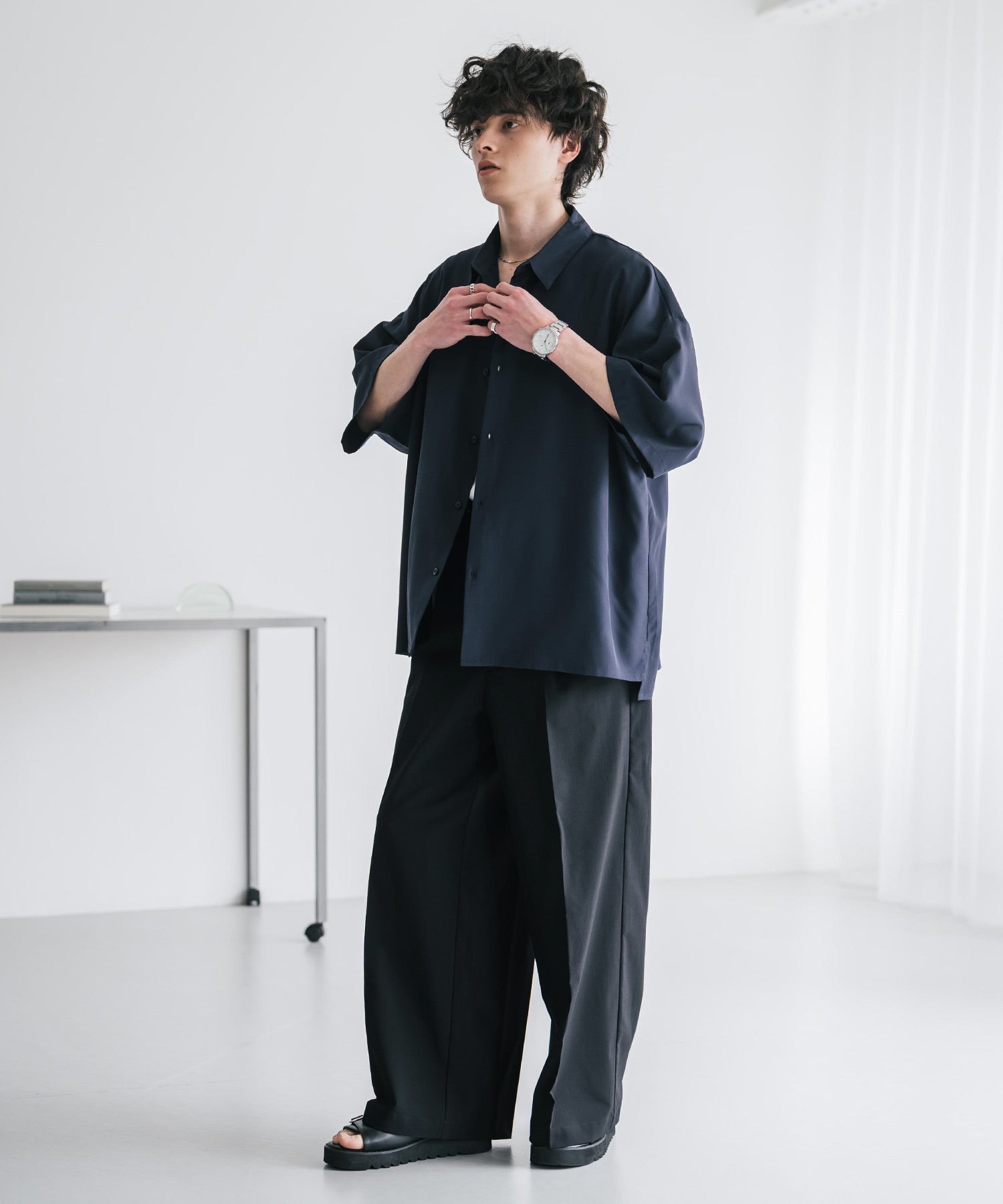 ロッキーモンロー Rocky Monroe スラックス ワイドパンツ 接触冷感 メンズ ストレート イージー ルーズ センタープレス ワンタック バックシャーリング リネンライク 多機能 ストレッチ 15483 （ブラウン） ブラウン