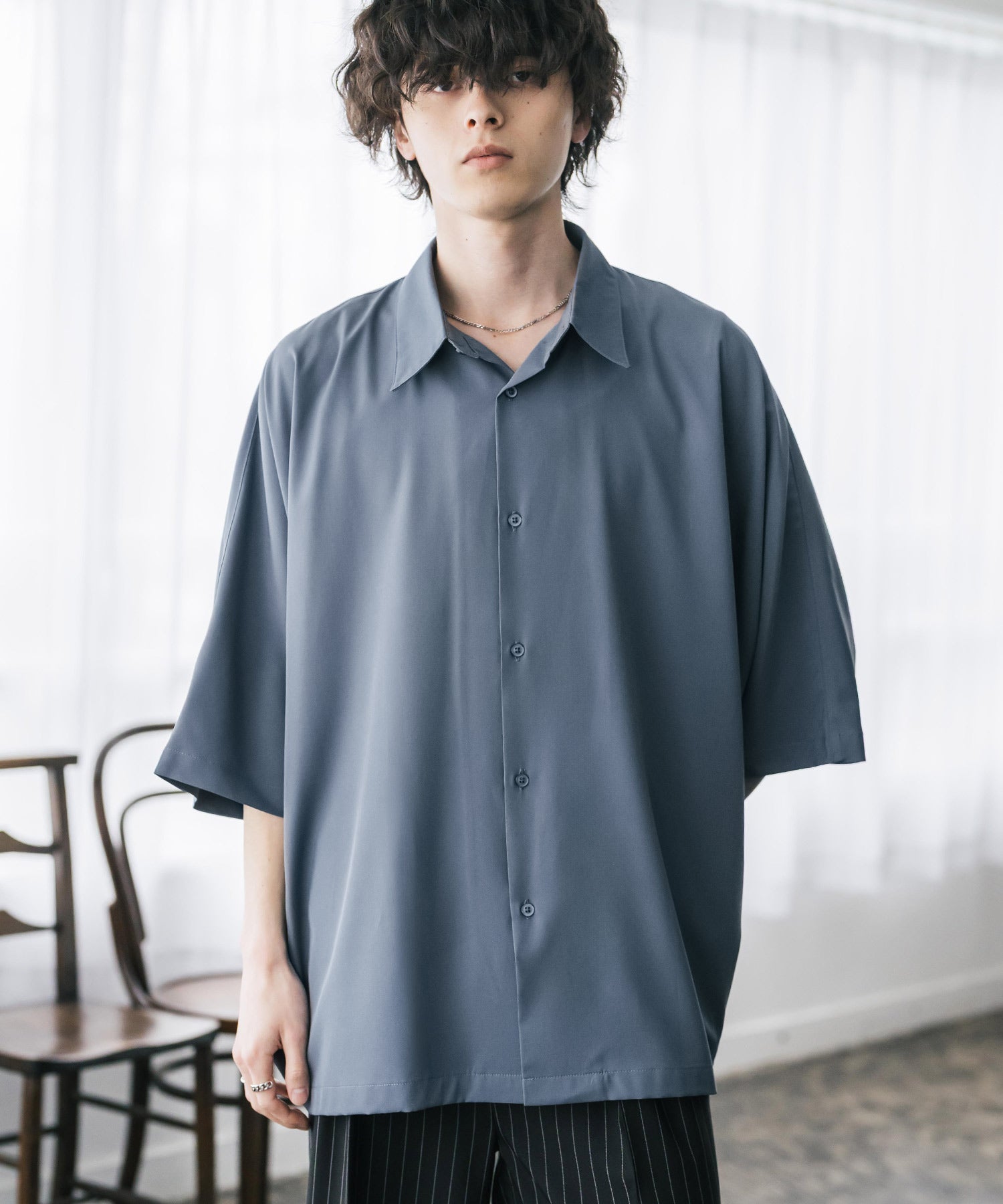 ロッキーモンロー Rocky Monroe 接触冷感 ドルマンシャツ 半袖 ストレッチ メンズ レディース 無地 とろみ オーバーサイズ ビッグシルエット リラックス ゆったり ドレープ 15365 （ブルー） ブルー