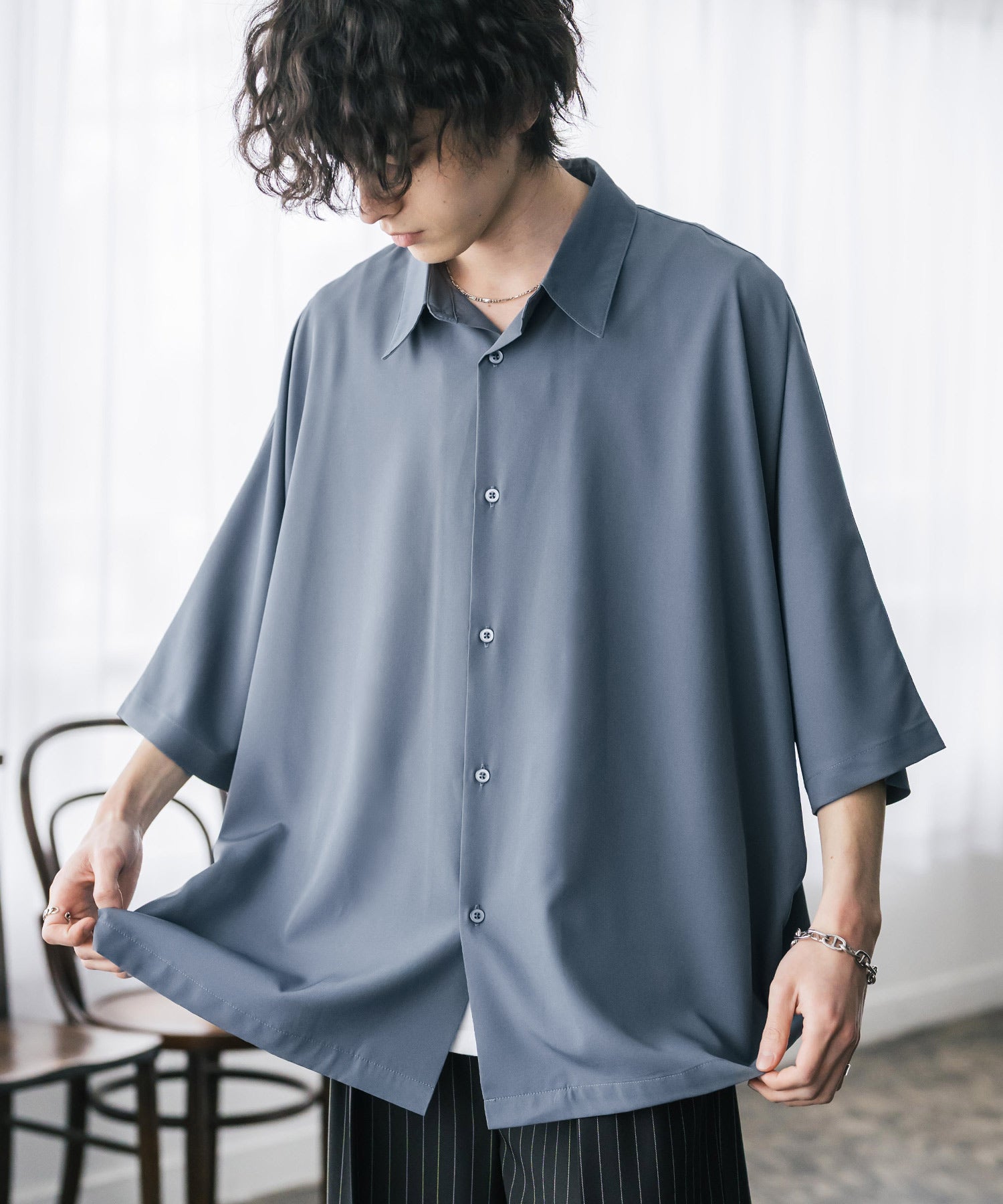 ロッキーモンロー Rocky Monroe 接触冷感 ドルマンシャツ 半袖 ストレッチ メンズ レディース 無地 とろみ オーバーサイズ ビッグシルエット リラックス ゆったり ドレープ 15365 （ブルー） ブルー