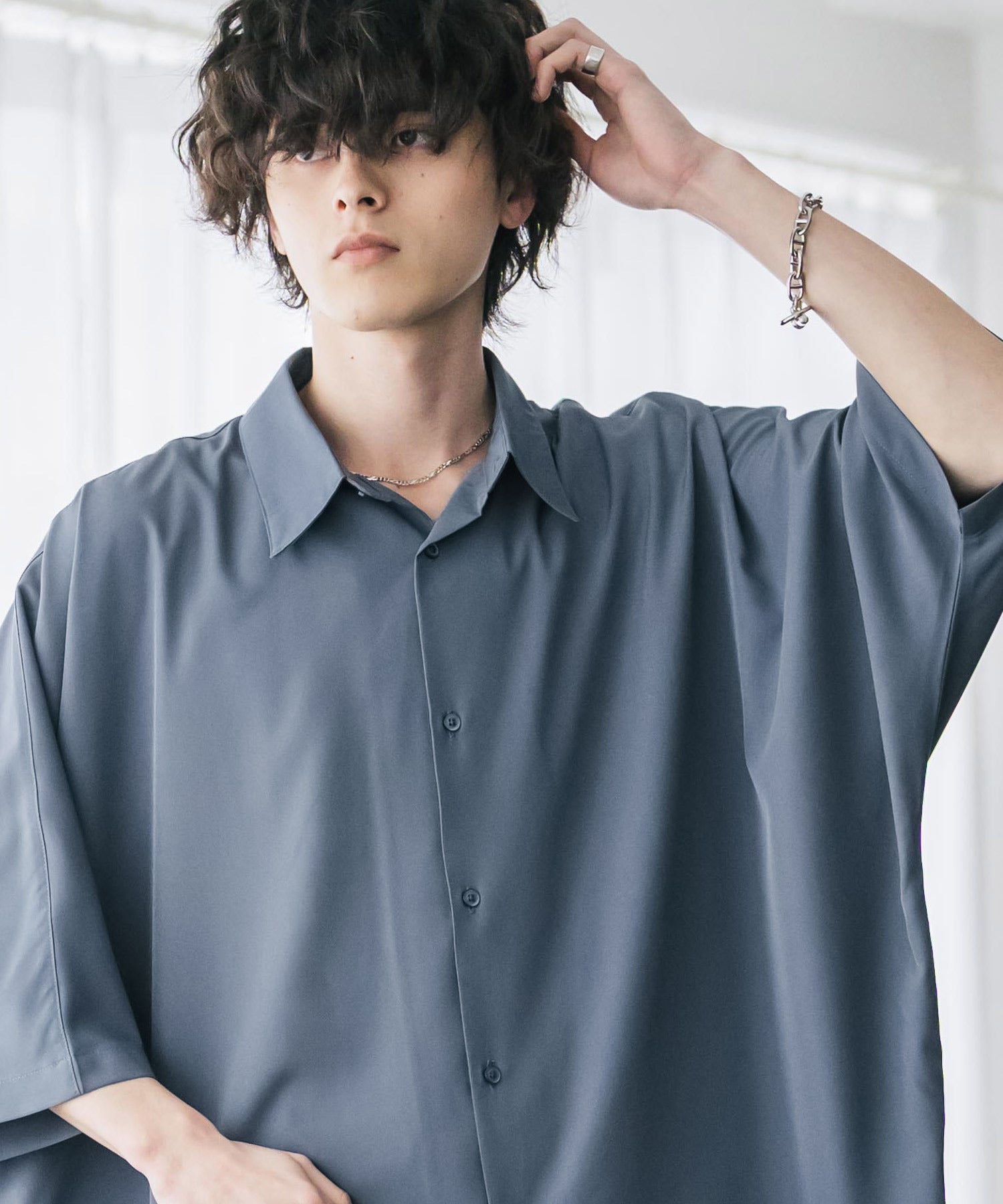 ロッキーモンロー Rocky Monroe 接触冷感 ドルマンシャツ 半袖 ストレッチ メンズ レディース 無地 とろみ オーバーサイズ ビッグシルエット リラックス ゆったり ドレープ 15365 （ブルー） ブルー