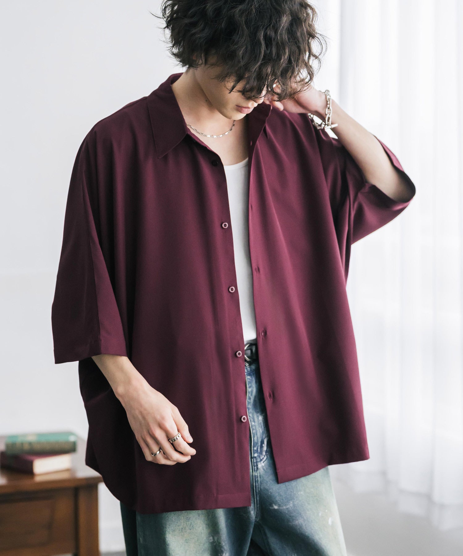 ロッキーモンロー Rocky Monroe 接触冷感 ドルマンシャツ 半袖 ストレッチ メンズ レディース 無地 とろみ オーバーサイズ ビッグシルエット リラックス ゆったり ドレープ 15365 （ブルー） ブルー