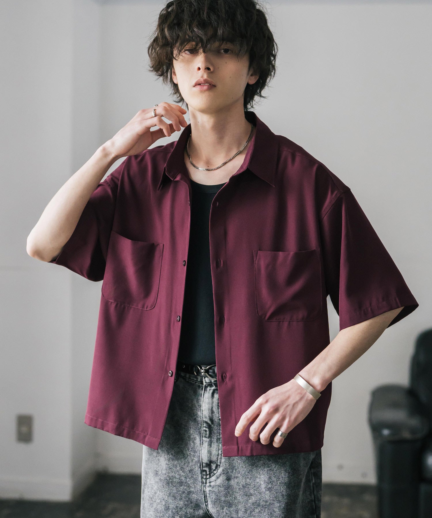 ロッキーモンロー Rocky Monroe 接触冷感 シャツ 半袖 短丈 ストレッチ メンズ レディース ショート丈 無地 とろみ オーバーサイズ ビッグシルエット リラックス ゆったり 15366 （バーガンディ） バーガンディ